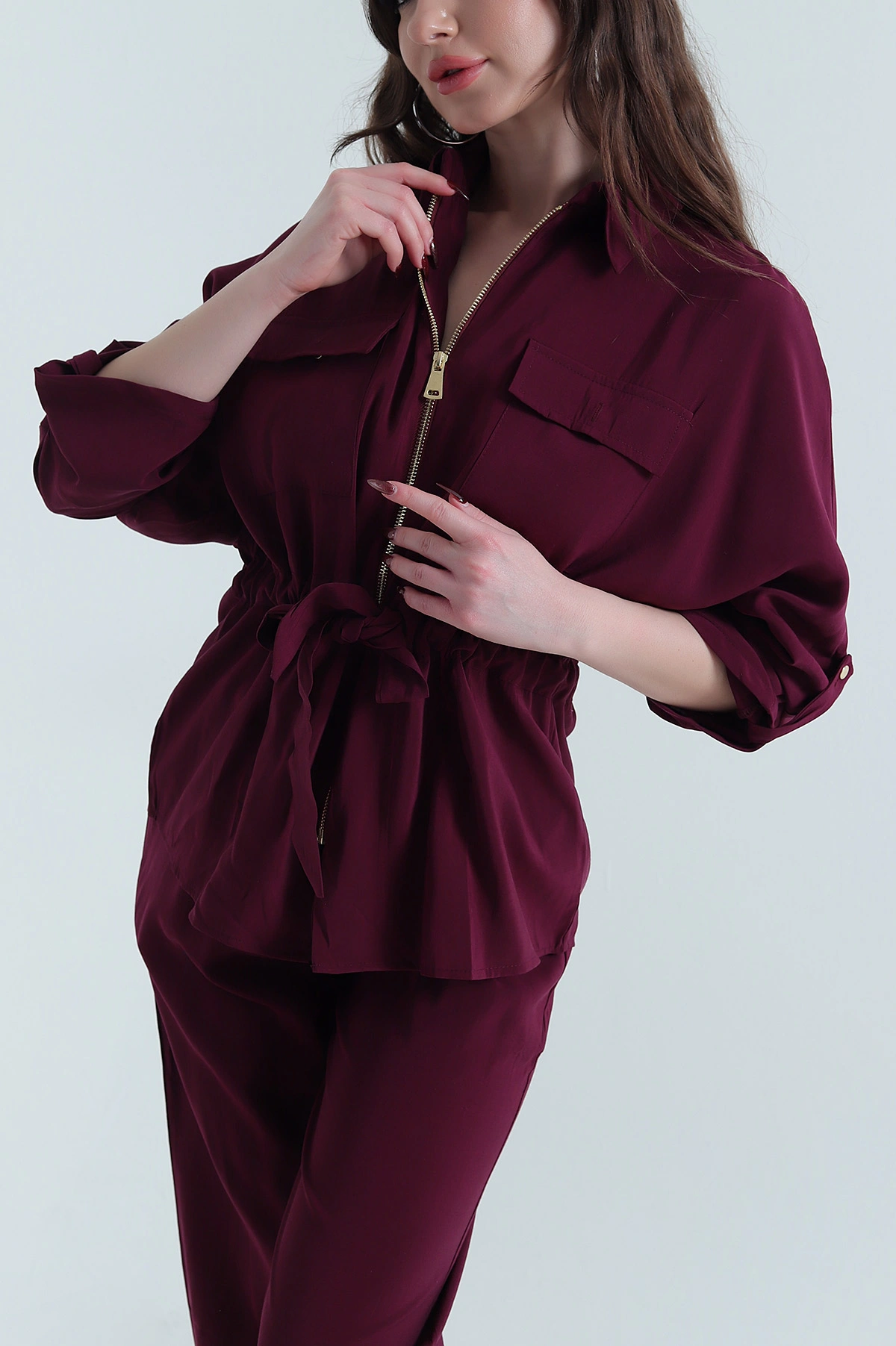 Bordo Tencel Fermuarlı Çift Cep Kadın İkili Takım 438457