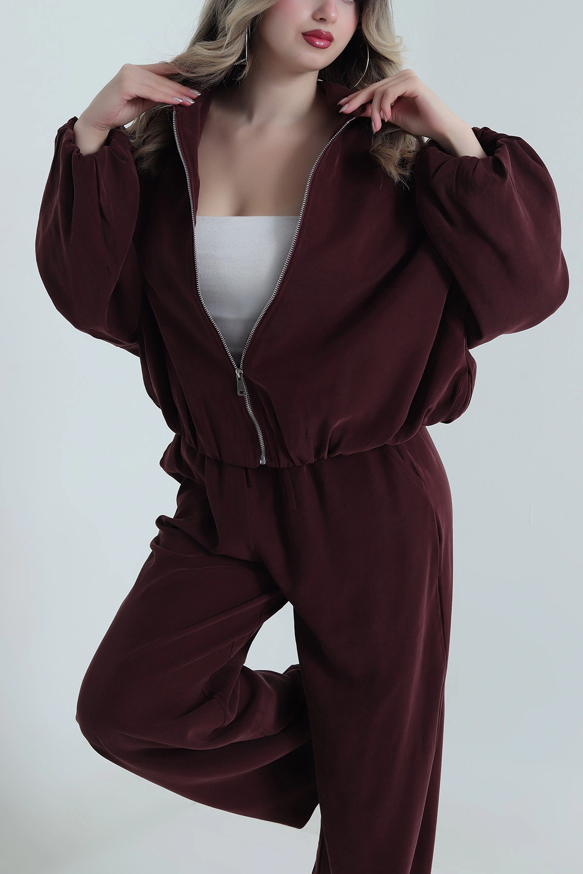 Bordo Tencel Gabardin Astarlı Kadın İkili Takım 490933