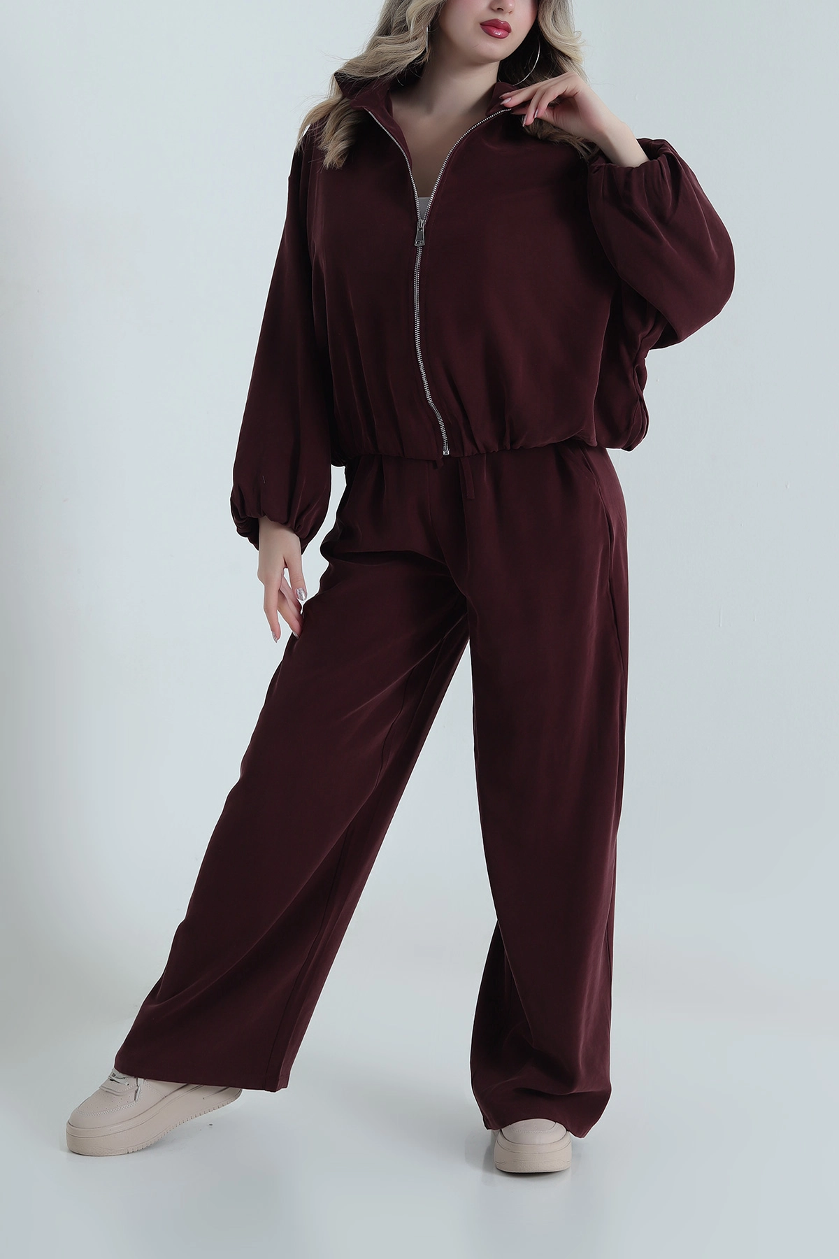 Bordo Tencel Gabardin Astarlı Kadın İkili Takım 490933
