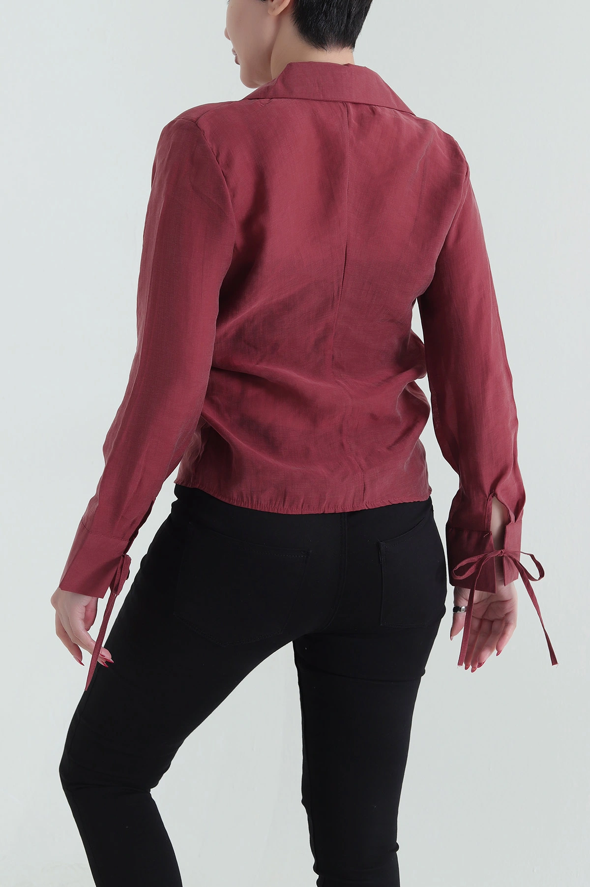 Bordo Tencel Kol Bağcıklı Kadın Gömlek 434190