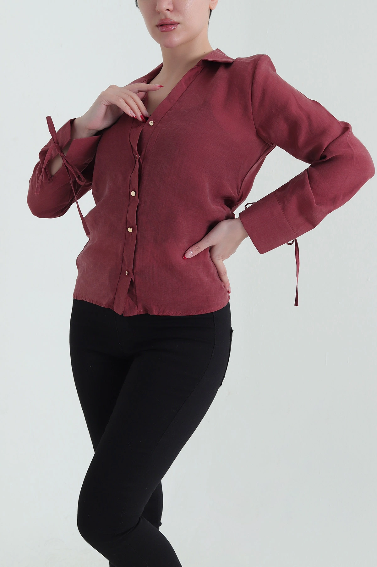 Bordo Tencel Kol Bağcıklı Kadın Gömlek 434190