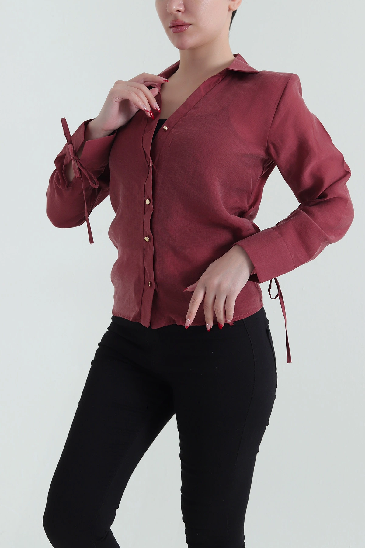 Bordo Tencel Kol Bağcıklı Kadın Gömlek 434190