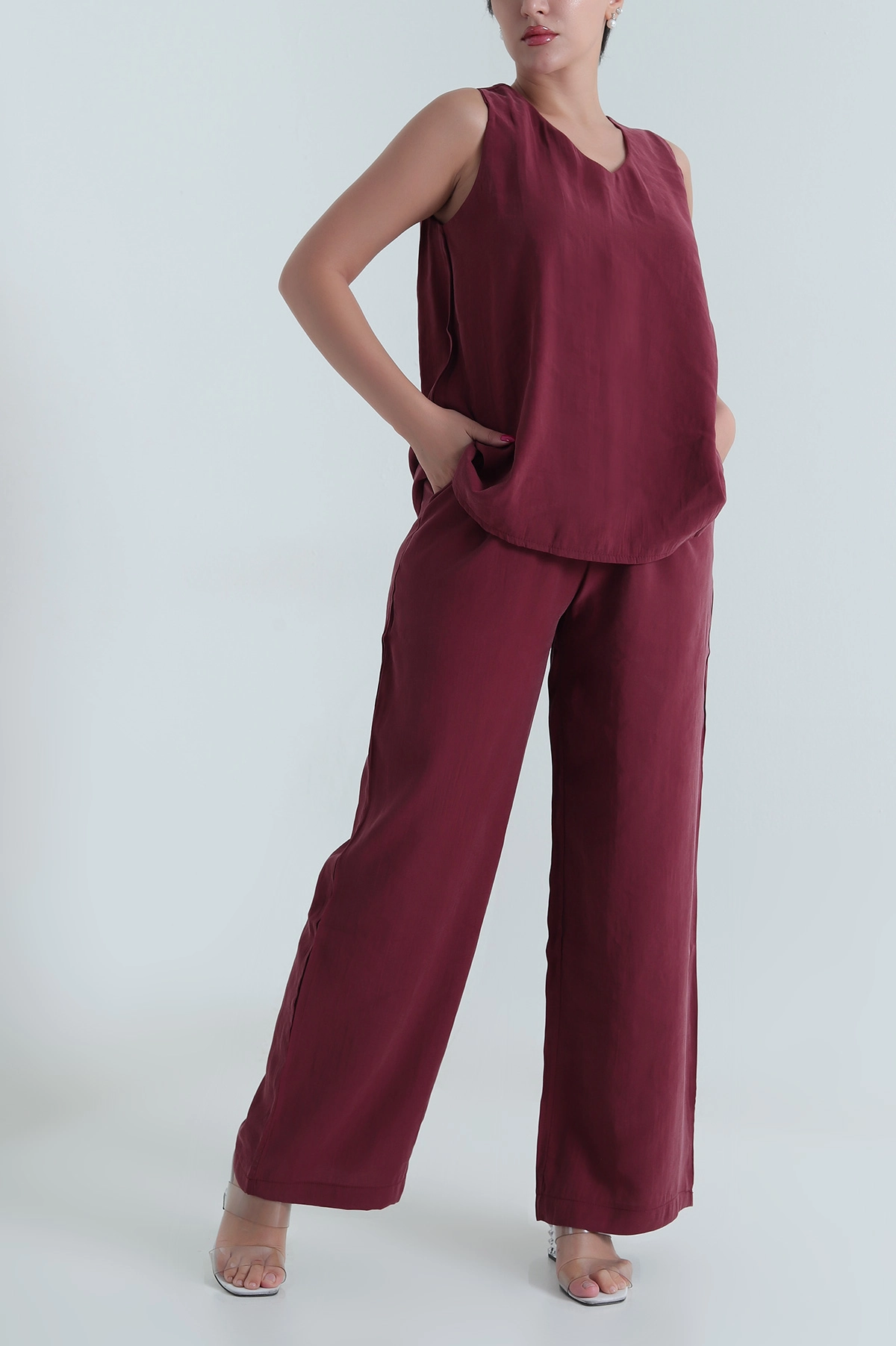 Bordo Tencel V Yaka Kadın İkili Takım 475189