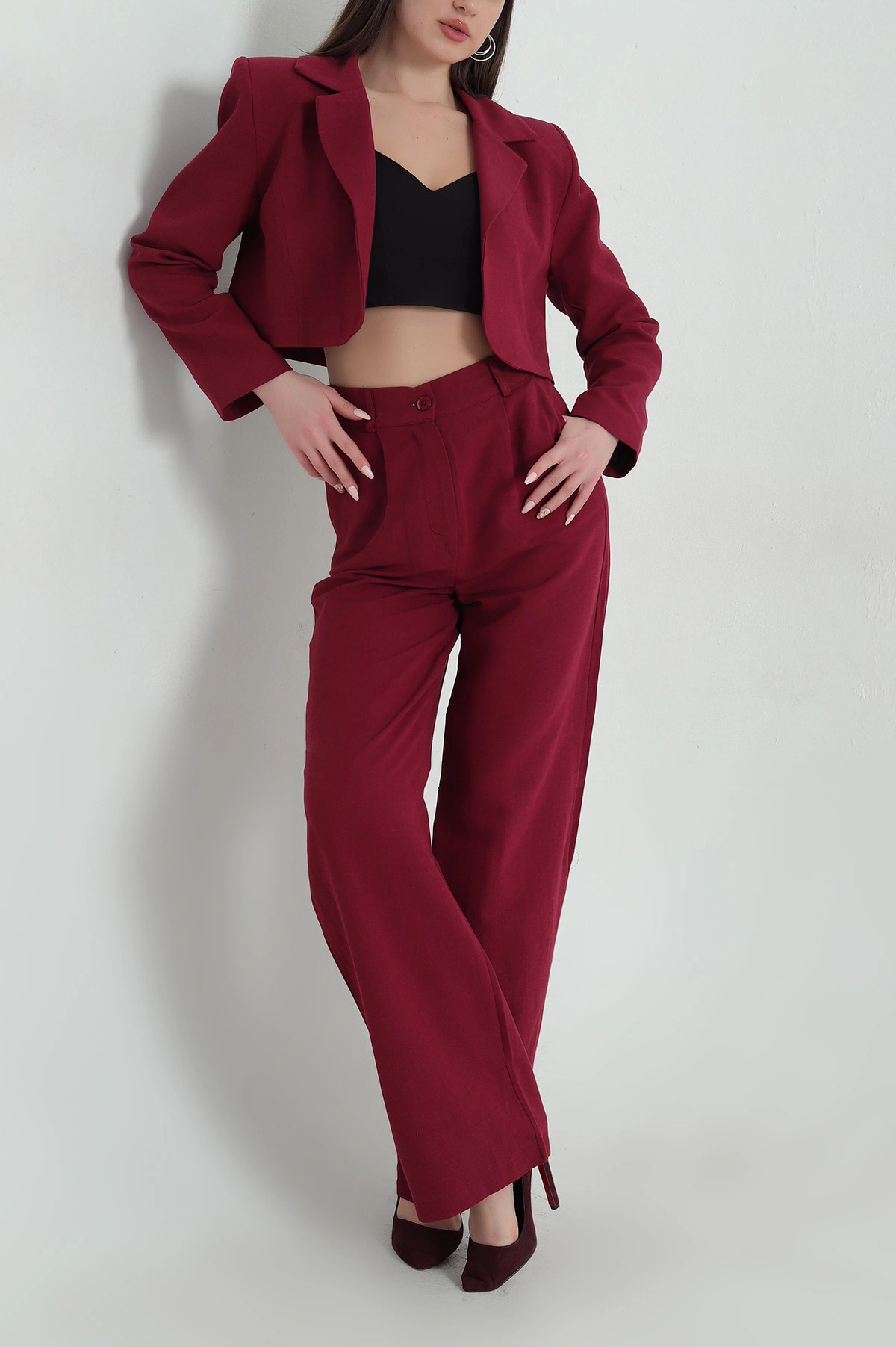 Bordo Terni Crop Ceket Pantolon Kadın İkili Takım 351610