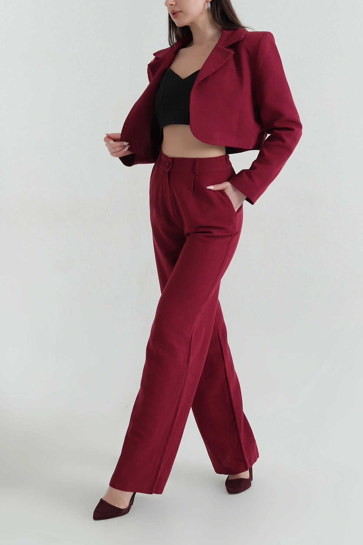 Bordo Terni Crop Ceket Pantolon Kadın İkili Takım 351610