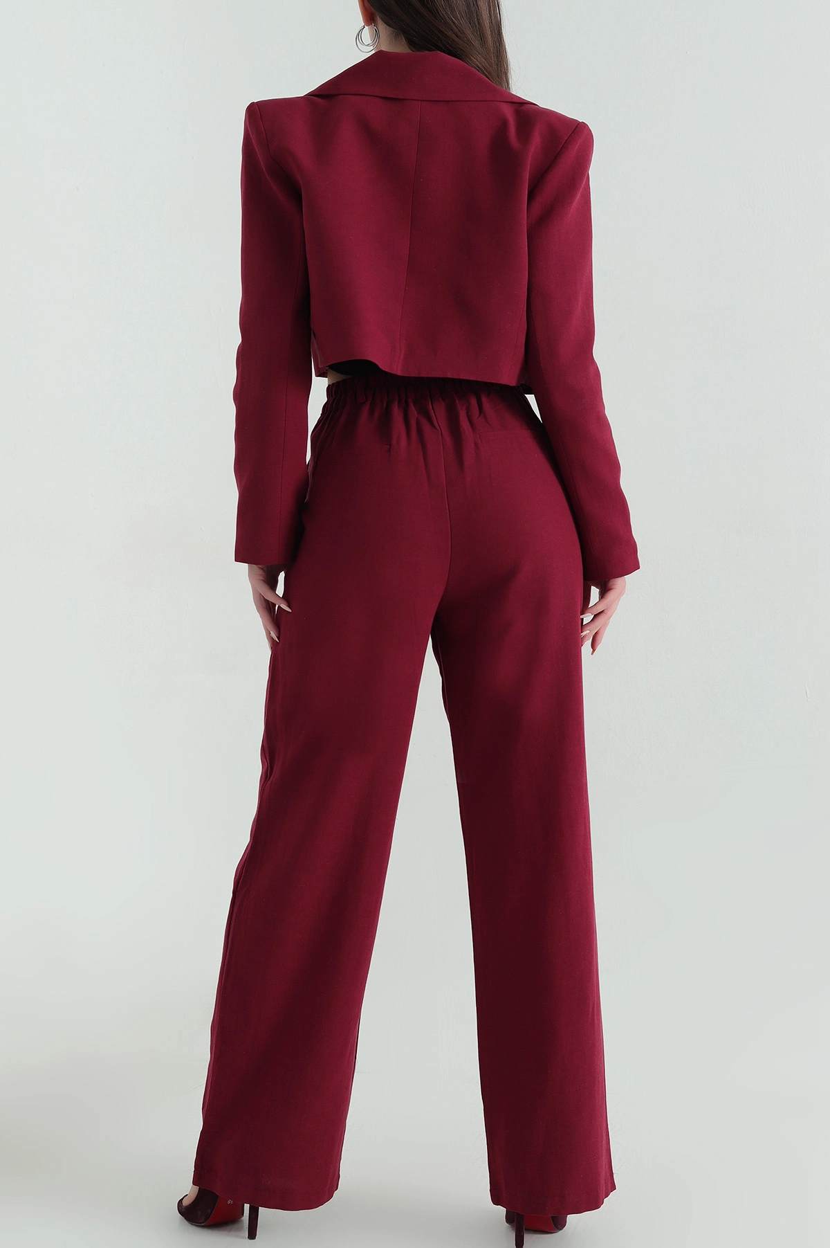 Bordo Terni Crop Ceket Pantolon Kadın İkili Takım 351610