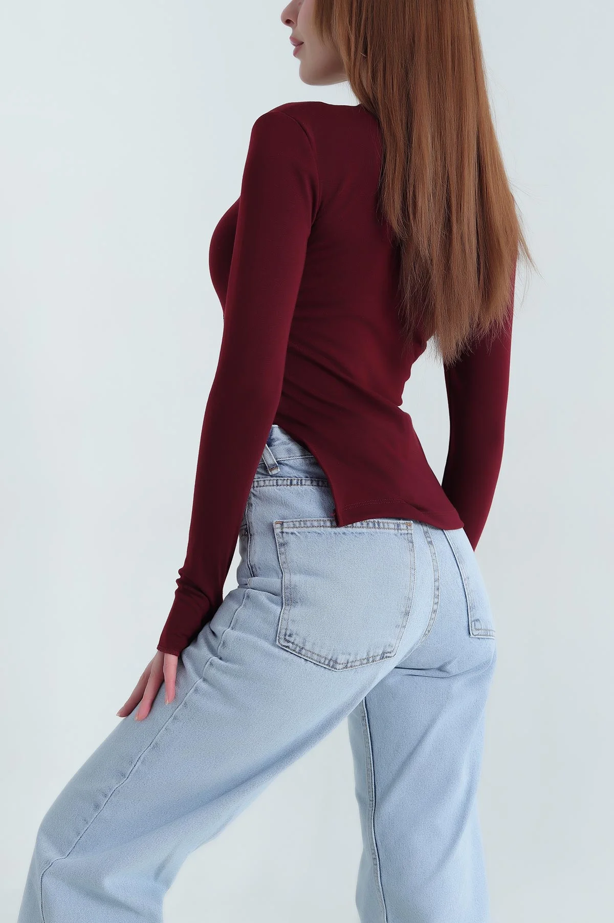 Bordo Ters Dikiş Parçalı Parmak Geçmeli Bluz 338706