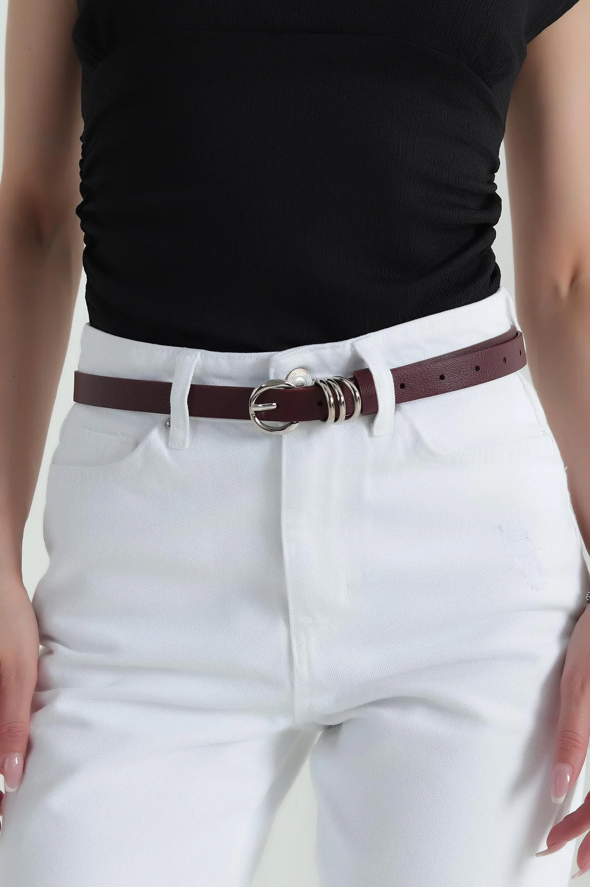 Bordo Gümüş Toka Detaylı Kadın İnce Kemer 374308