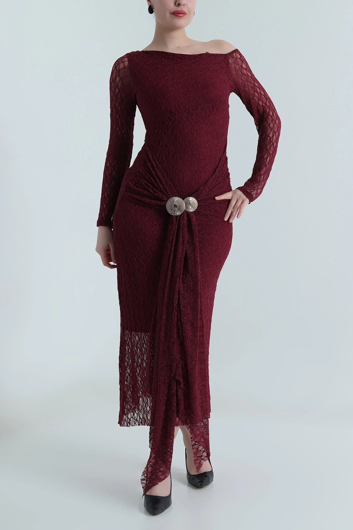 Bordo Tokalı Dantelli Kadın Elbise 495045