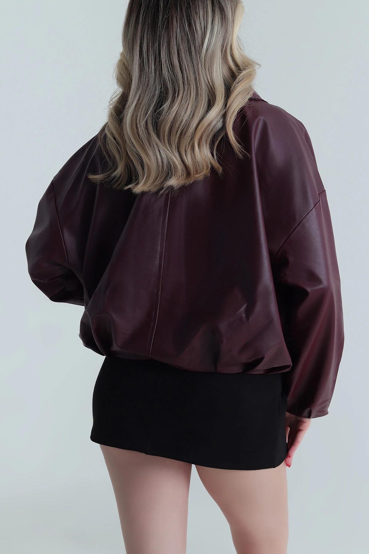 Bordo Tokalı Deri Kadın Mont 486014