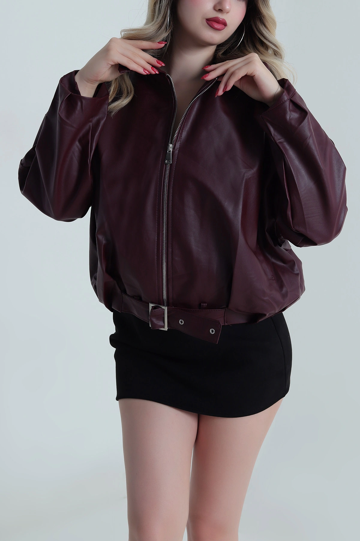 Bordo Tokalı Deri Kadın Mont 486014