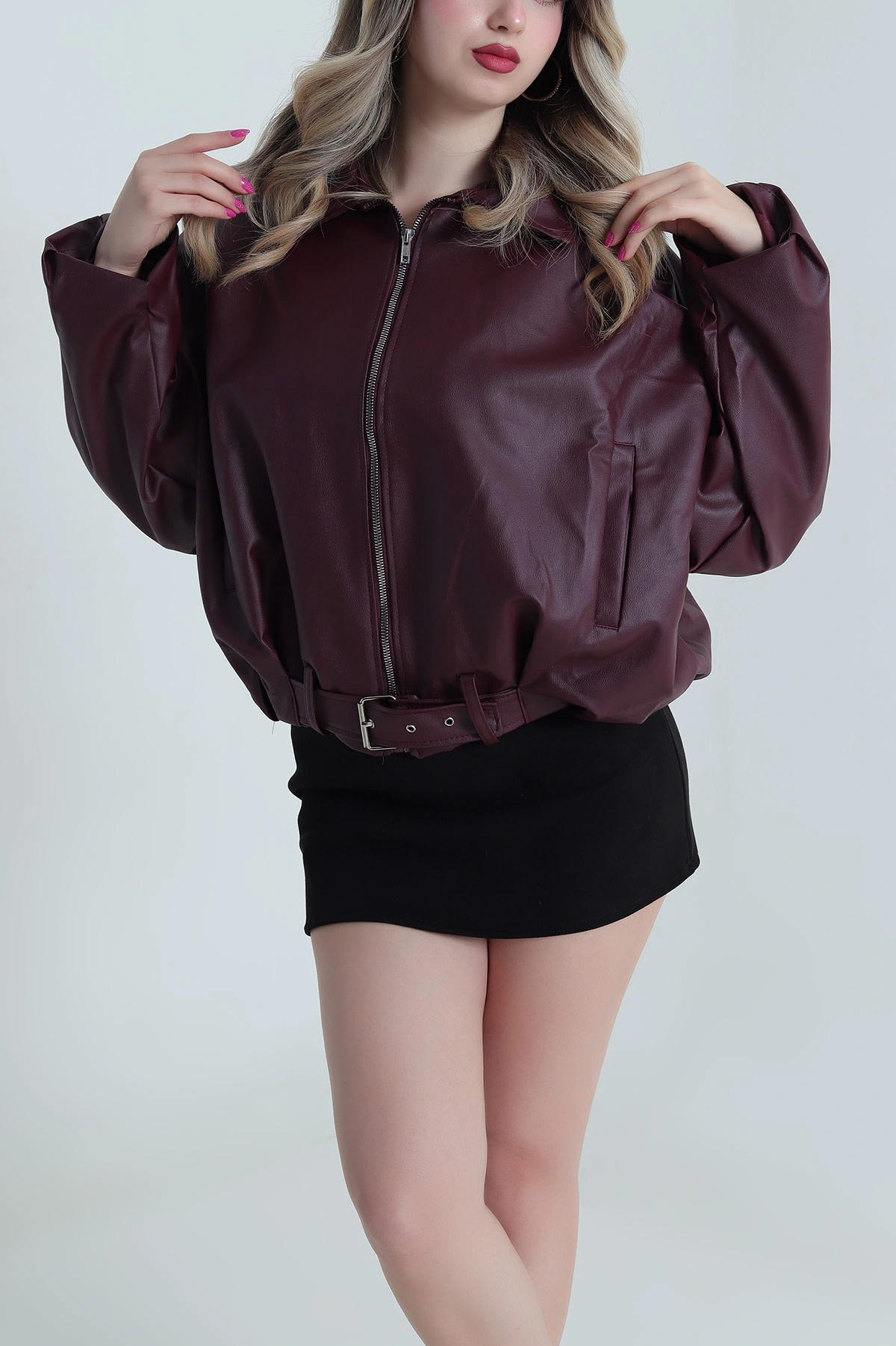 Bordo Tokalı Kadın Deri Mont 483939