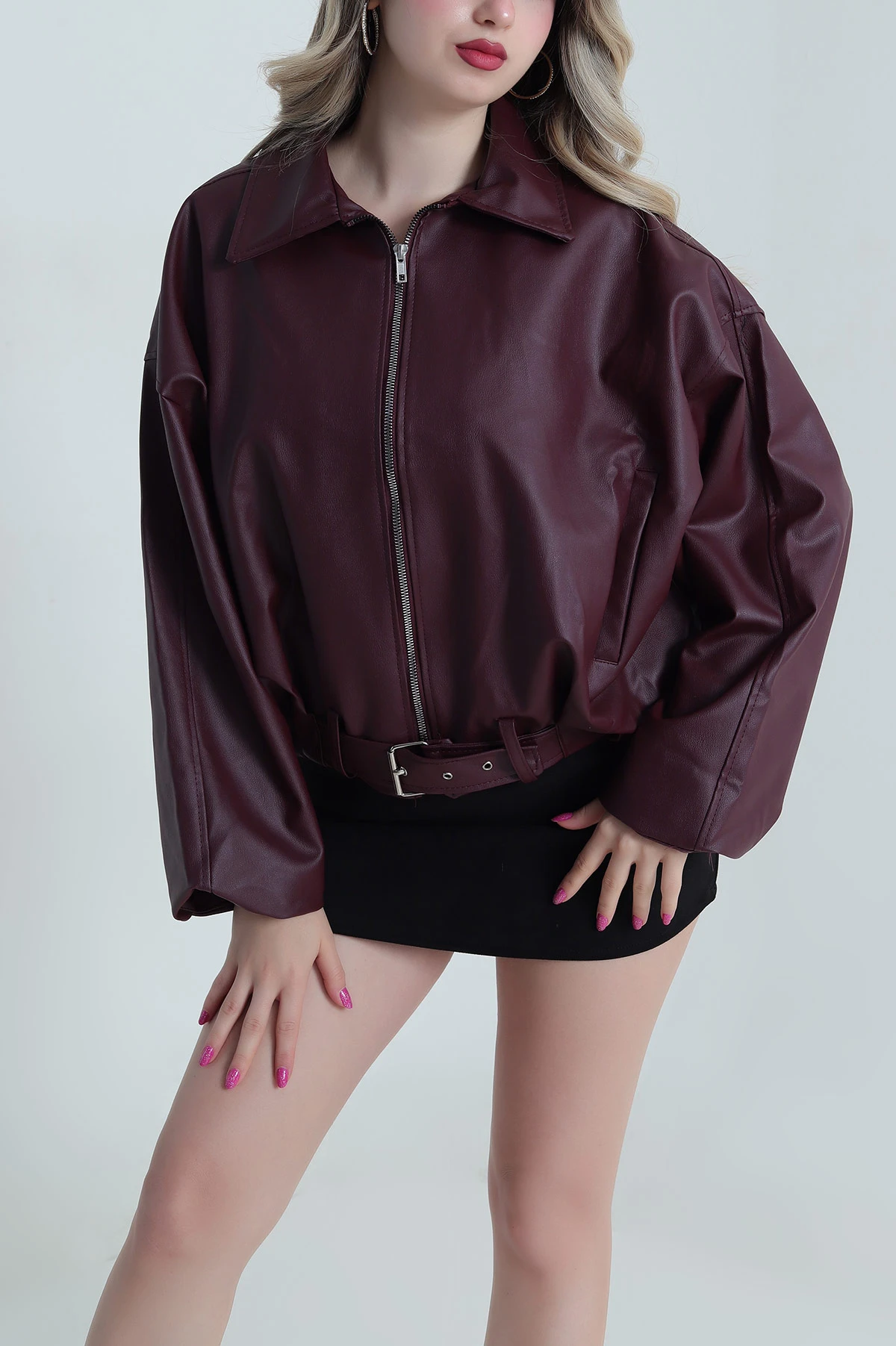 Bordo Tokalı Kadın Deri Mont 483939