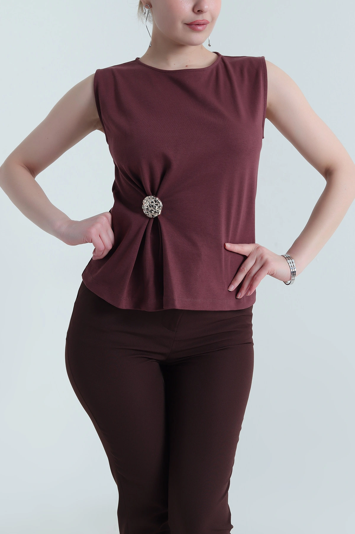 Bordo Tokalı Kolsuz Kadın Bluz 455130