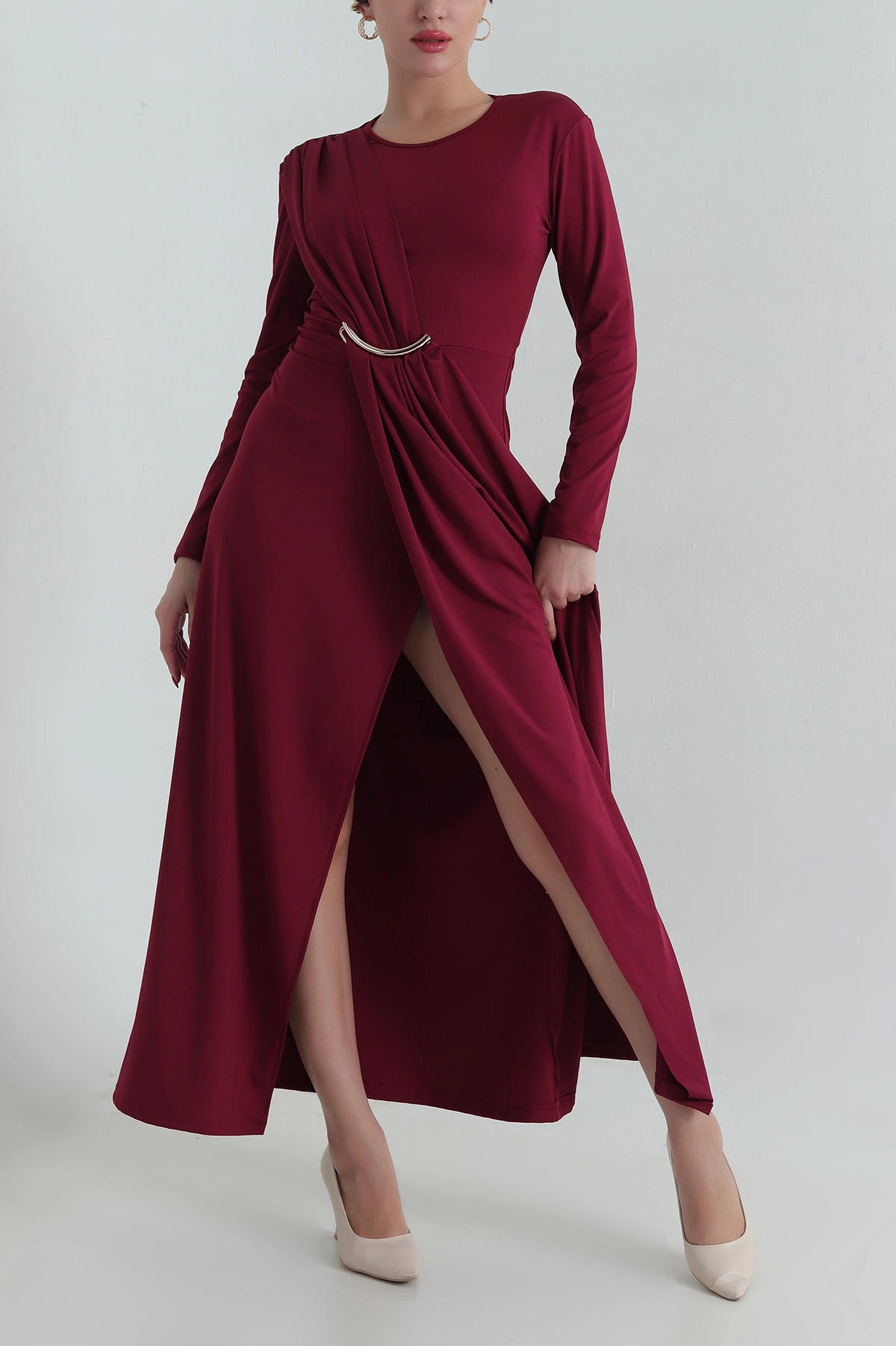 Bordo Tokalı Likralı Modal Kadın Elbise 414848