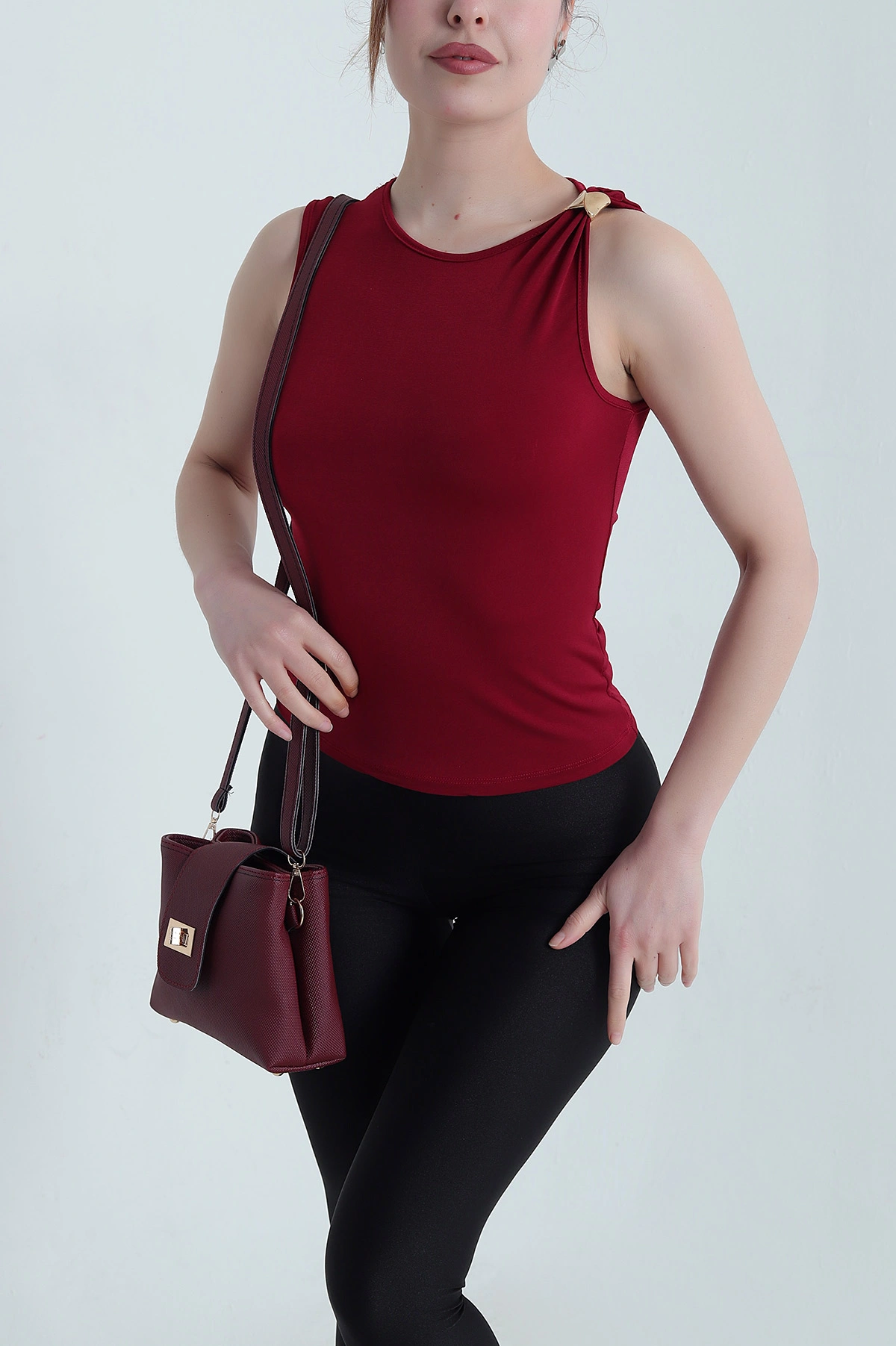 Bordo Tokalı Likralı Sandy Kadın Bluz 451324