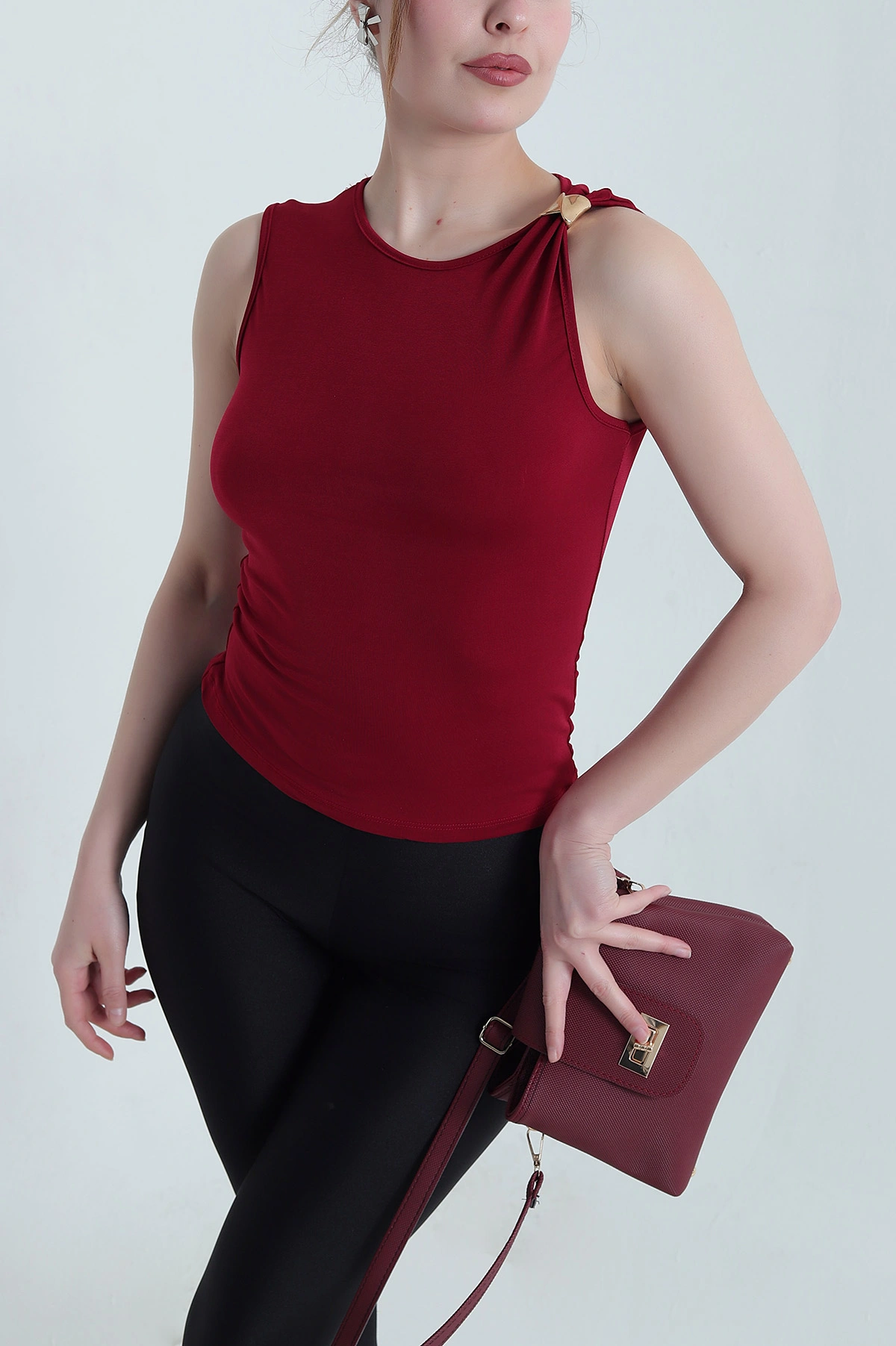 Bordo Tokalı Likralı Sandy Kadın Bluz 451324
