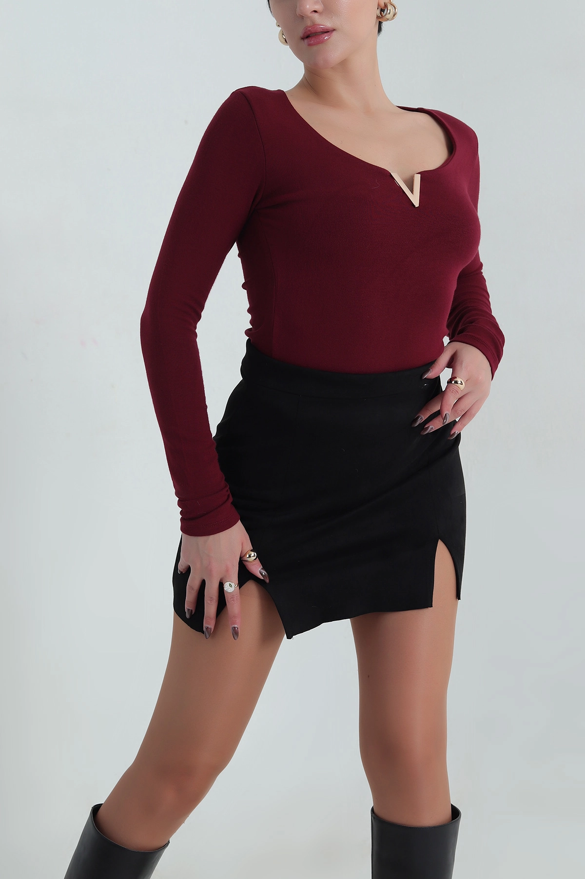 Bordo Tokalı Oysho Kadın Badi Bluz 412549