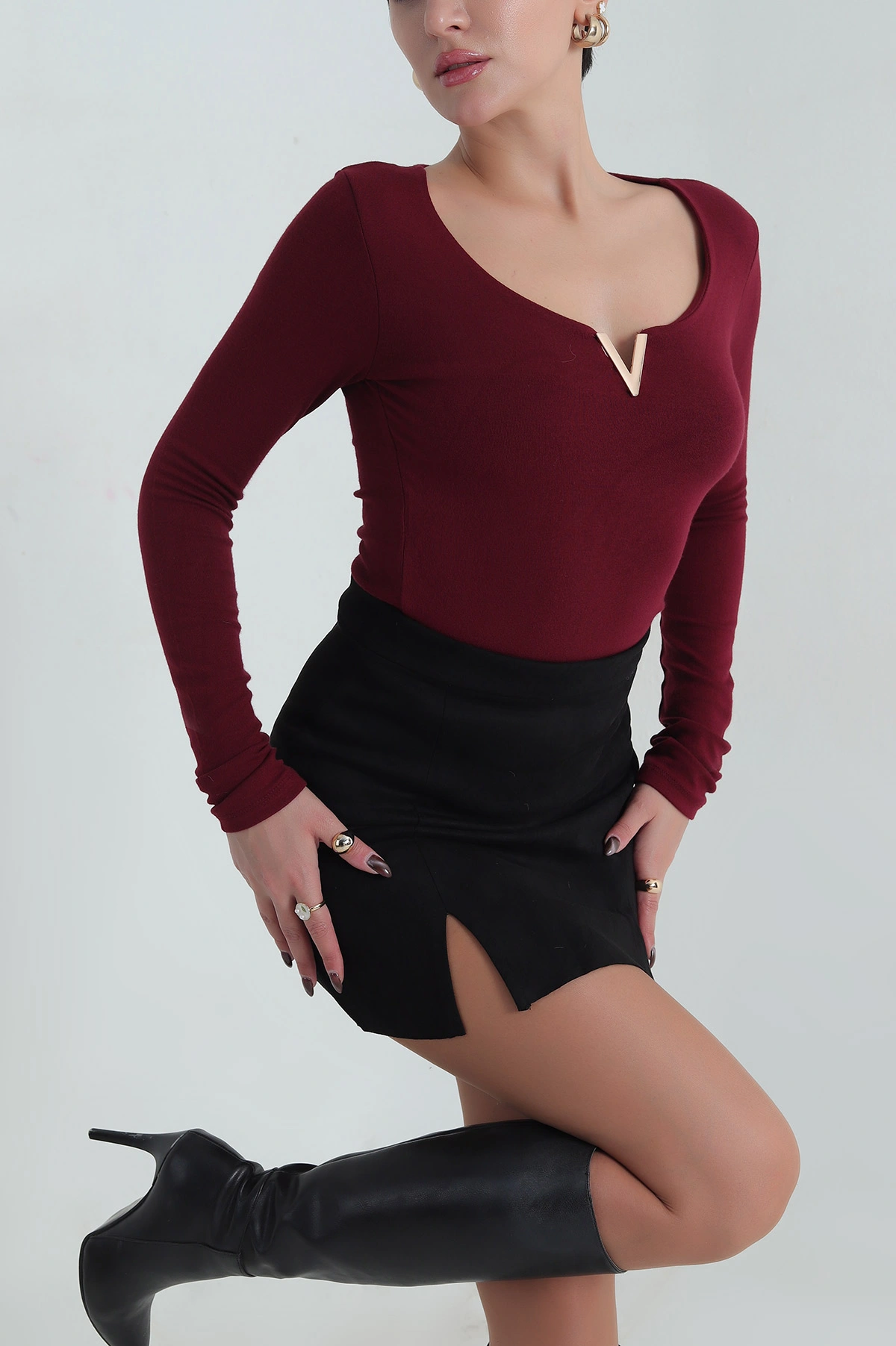 Bordo Tokalı Oysho Kadın Badi Bluz 412549