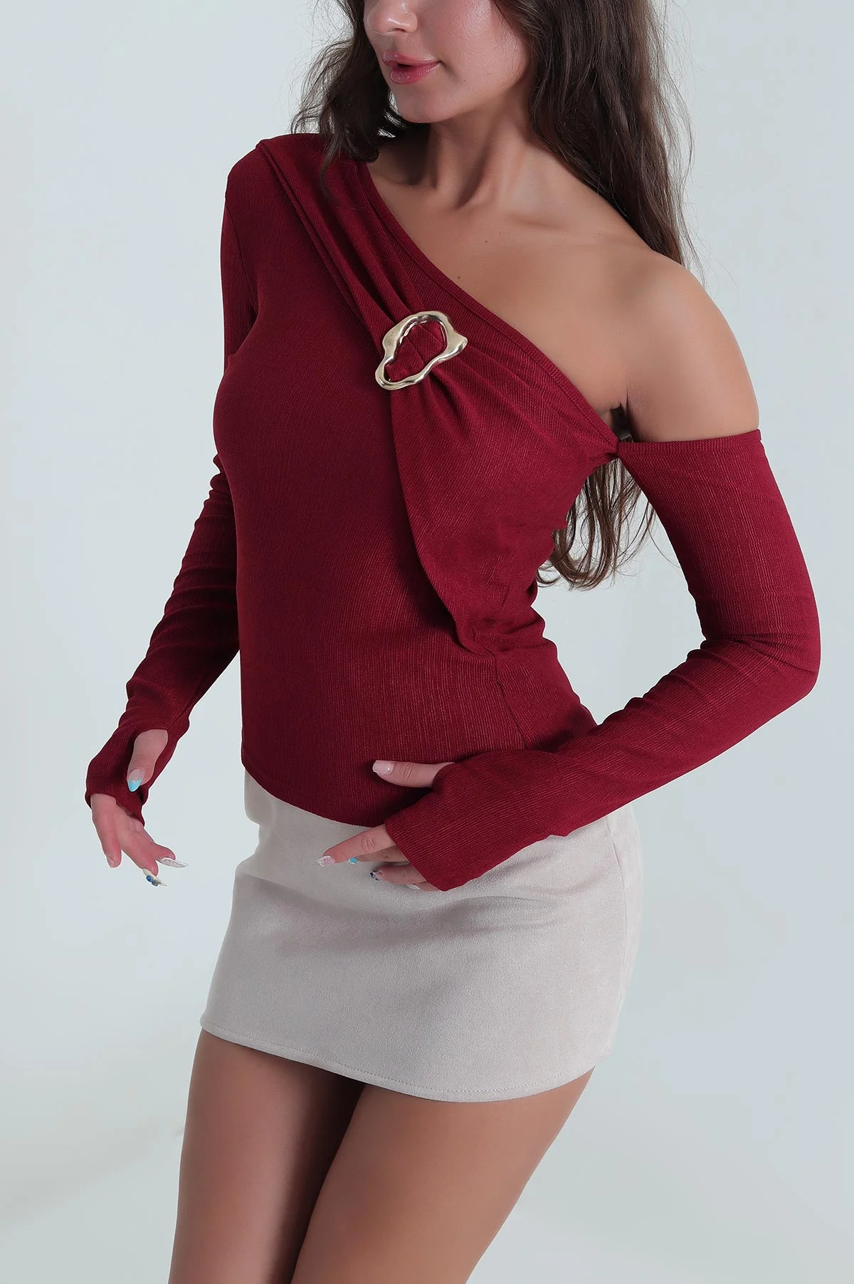 Bordo Tokalı Parmak Geçmeli Kadın Bluz 484617