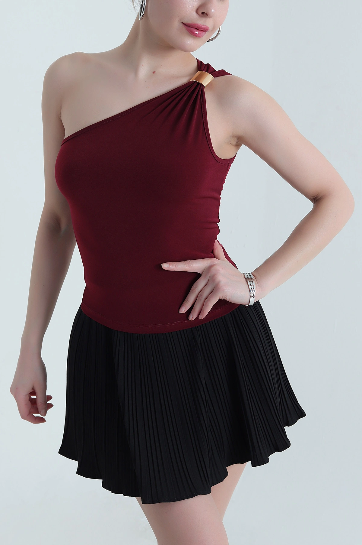 Bordo Tokalı Tek Omuz Detay Buzzy Kadın Bluz 437062