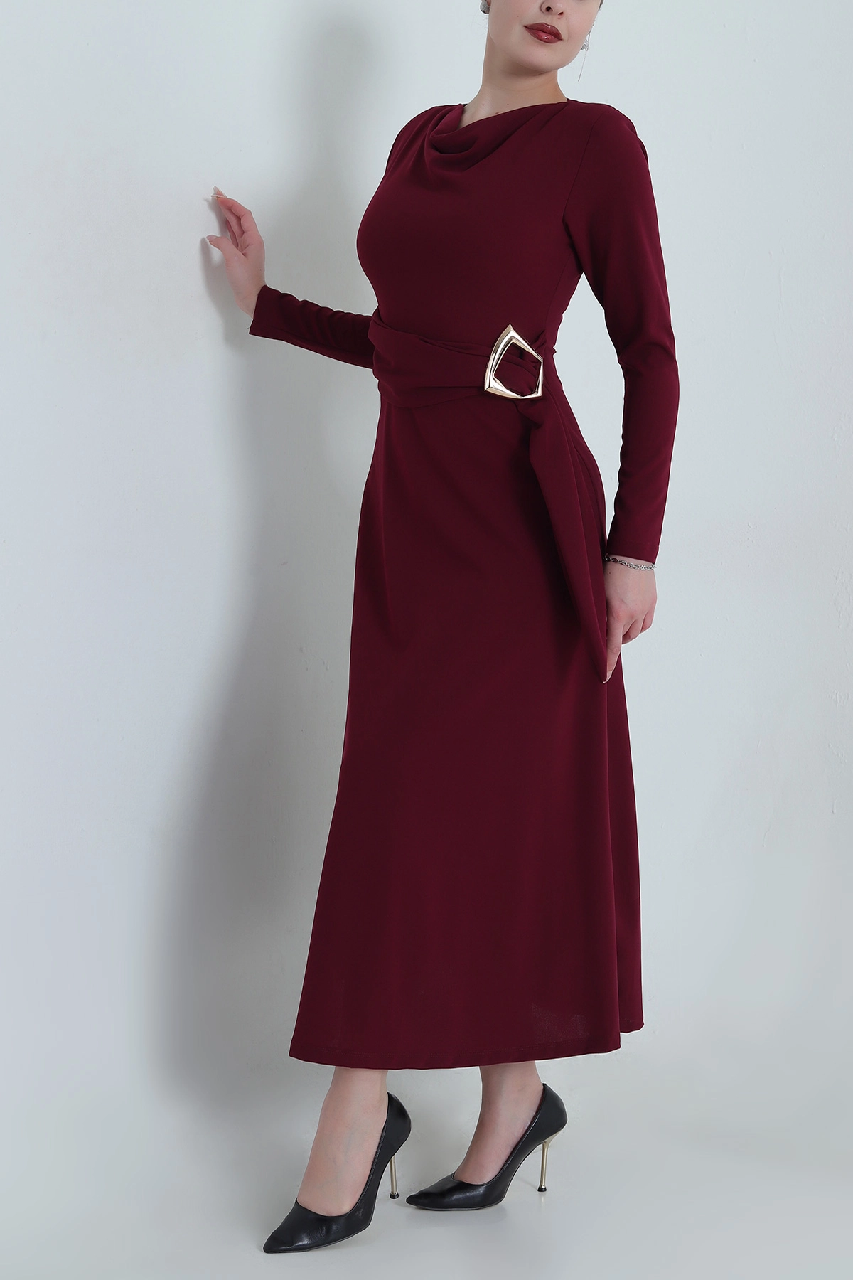 Bordo Tokalı Vatkalı Scuba Crep Kadın Elbise 491872