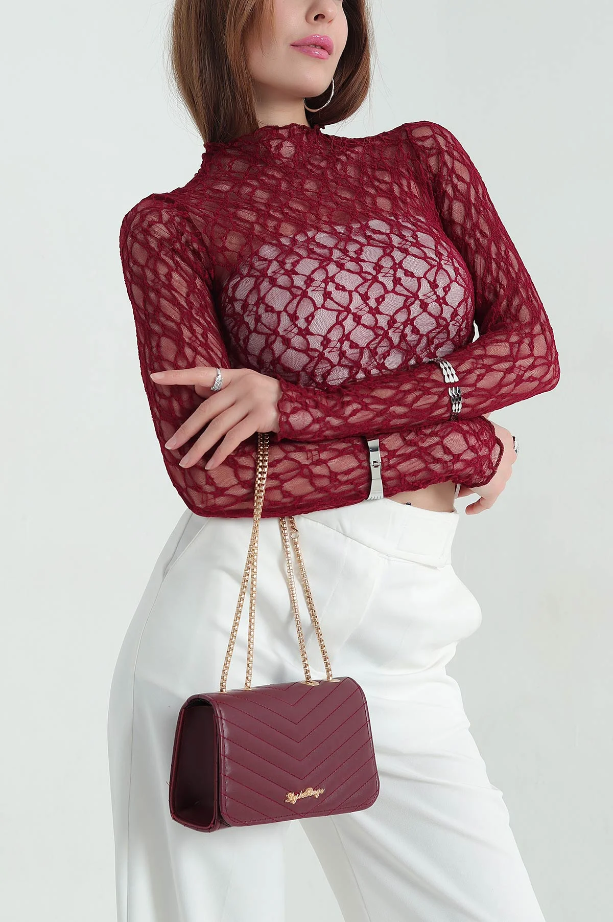 Bordo Transparan Dantelli Kadın Bluz 354164