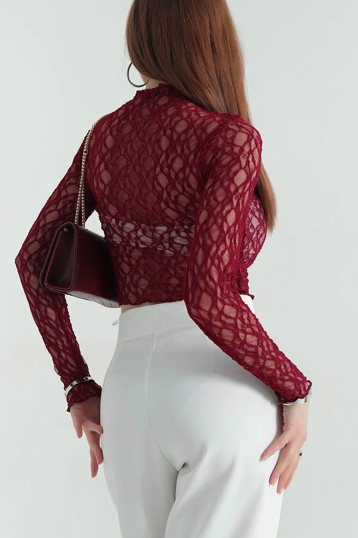Bordo Transparan Dantelli Kadın Bluz 354164