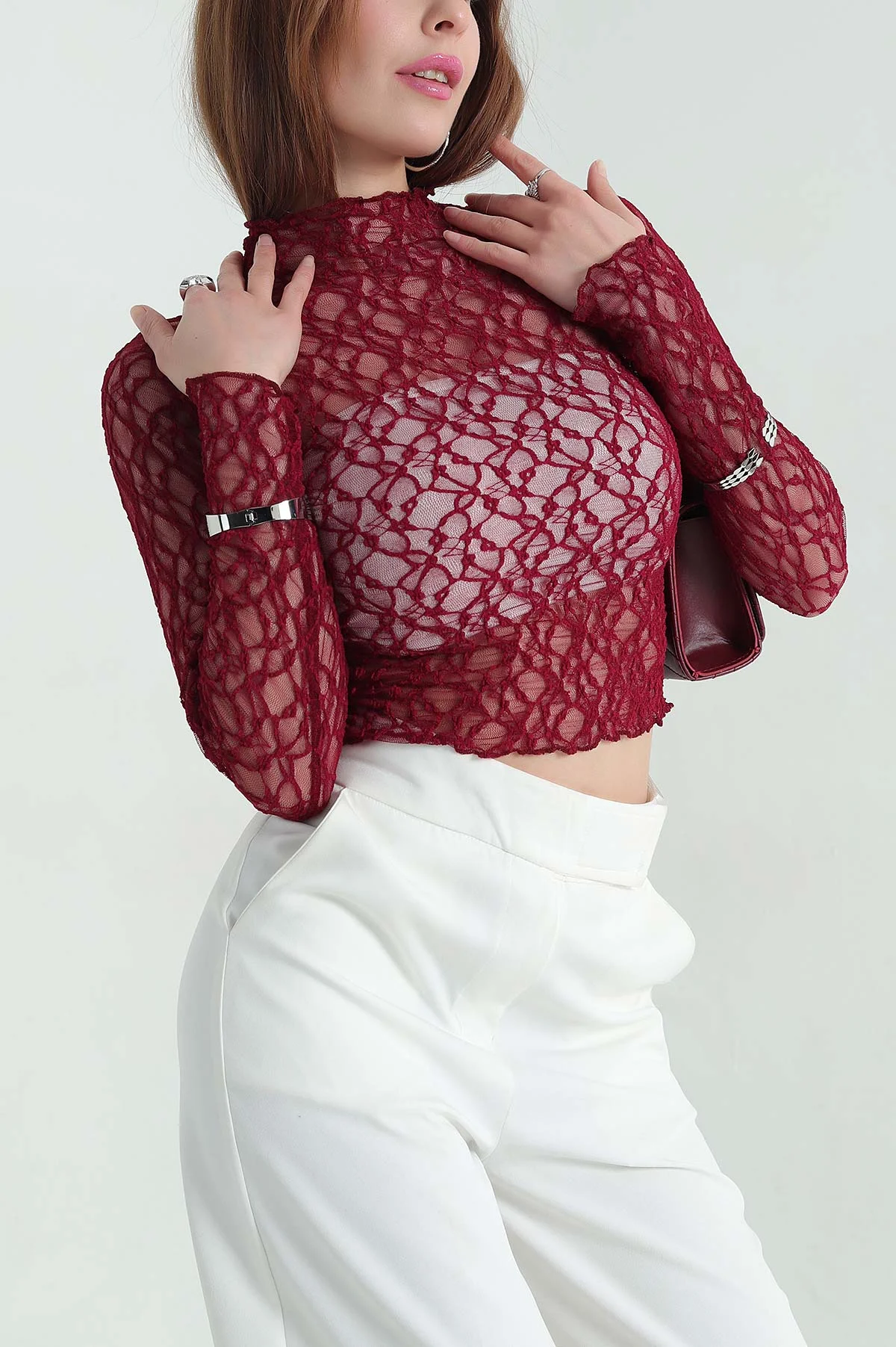Bordo Transparan Dantelli Kadın Bluz 354164