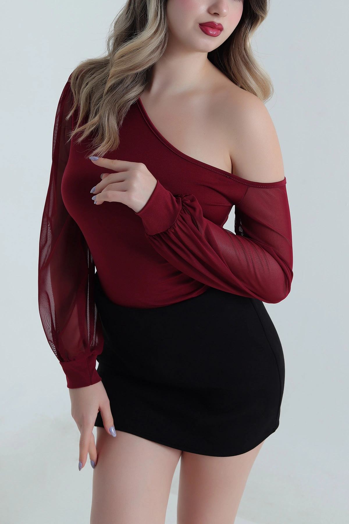 Bordo Transparan Kollu Sandy Kadın Bluz 495937