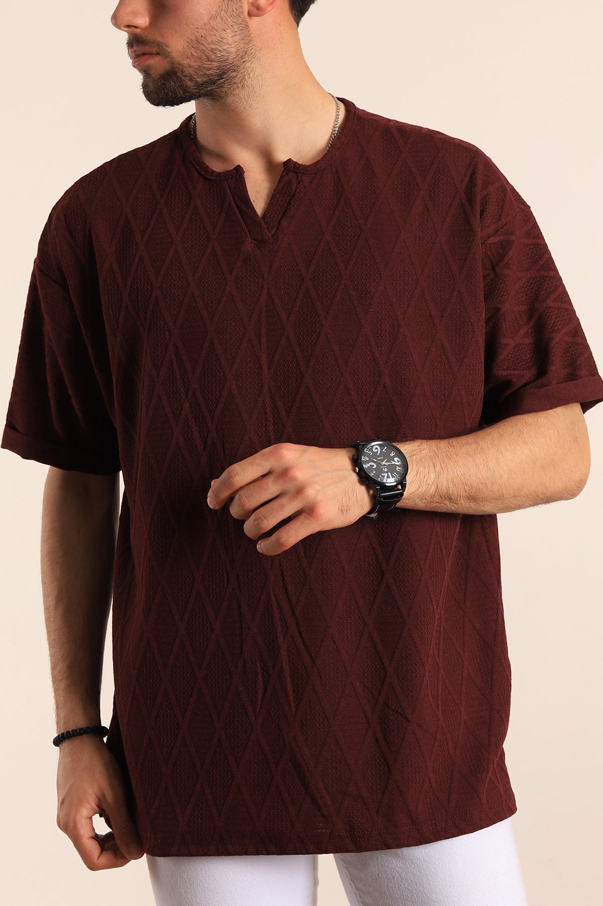 Bordo Triko Dokulu Oversize Erkek Tişört 187786