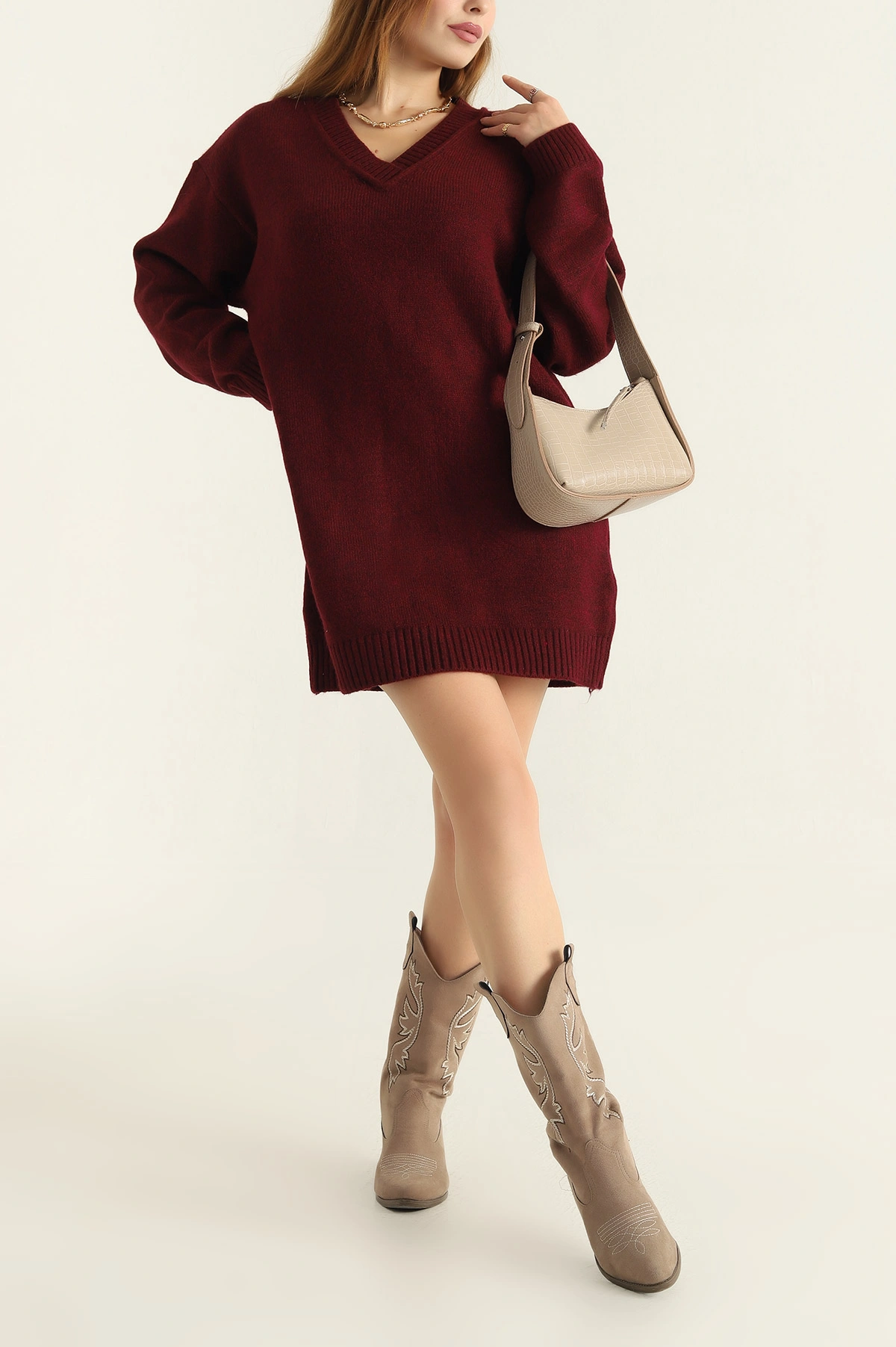 Bordo Triko V Yaka Espirili Elbise 305357