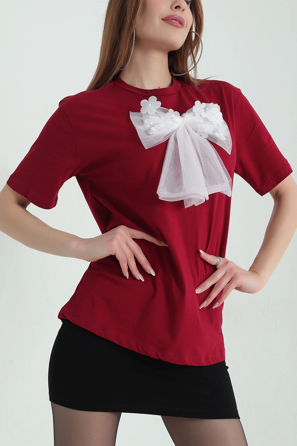 Bordo Tül Fiyonk Detay Kadın Tişört 357203