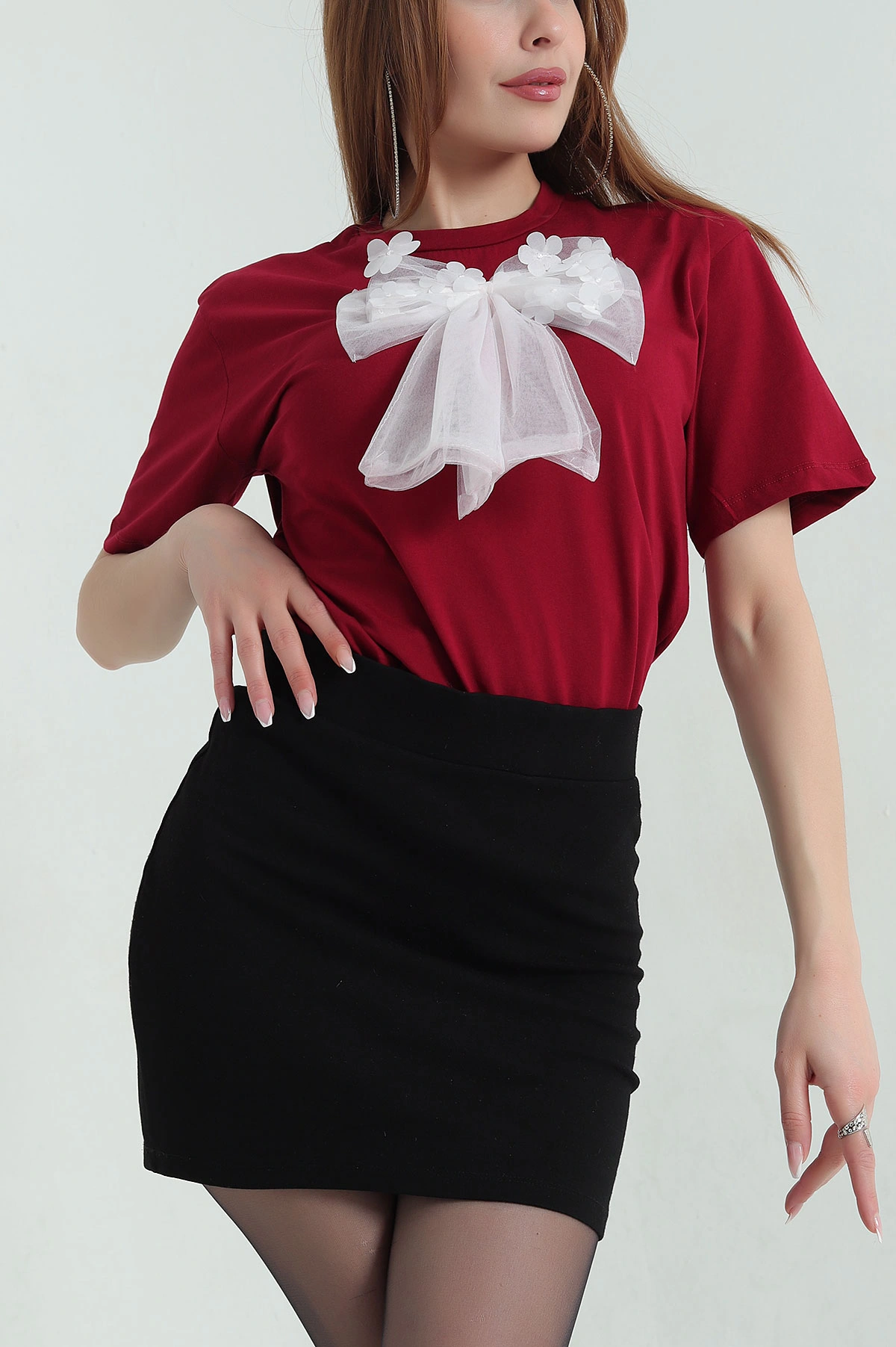Bordo Tül Fiyonk Detay Kadın Tişört 357203