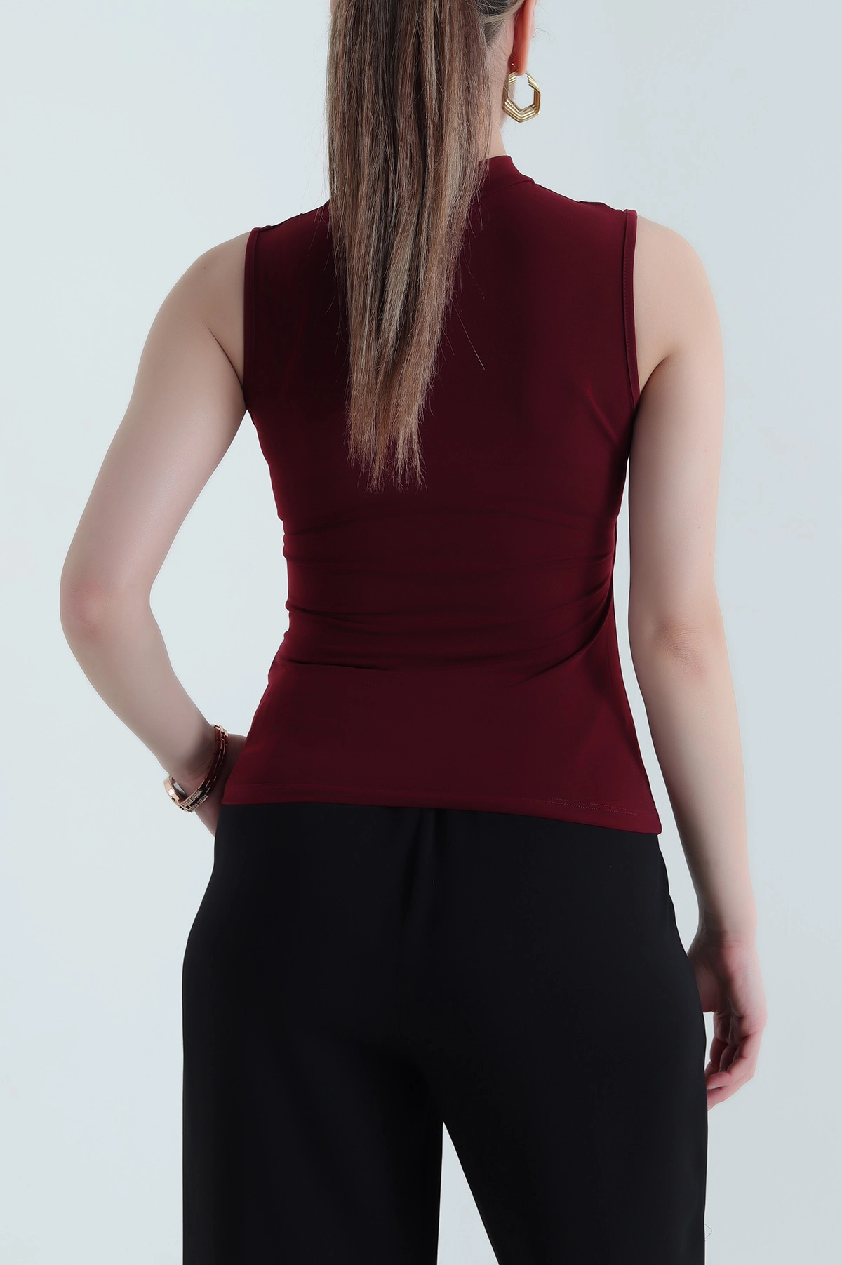 Bordo Tül Garnili Kolsuz Sandy Kadın Bluz 440542