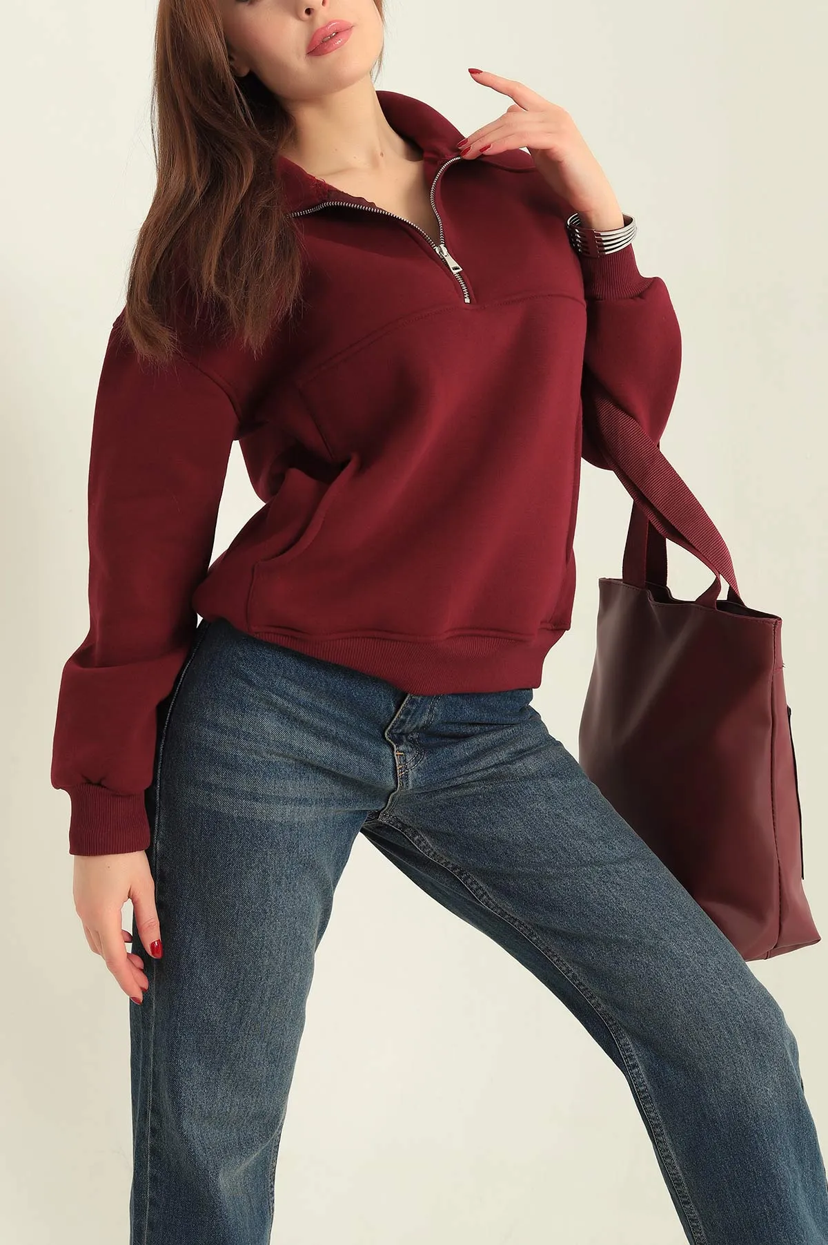 Bordo Üç İp İçi Şardonlu Bayan Sweat 333090