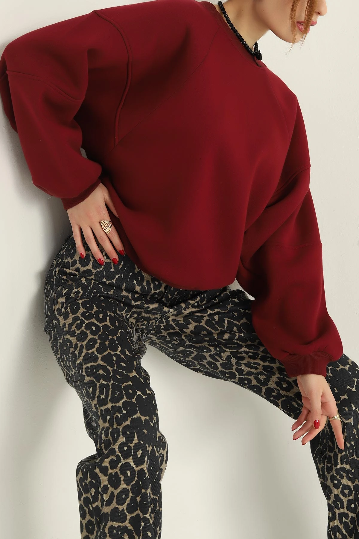 Bordo Üç İp Şardonlu Bayan Sweat 313211