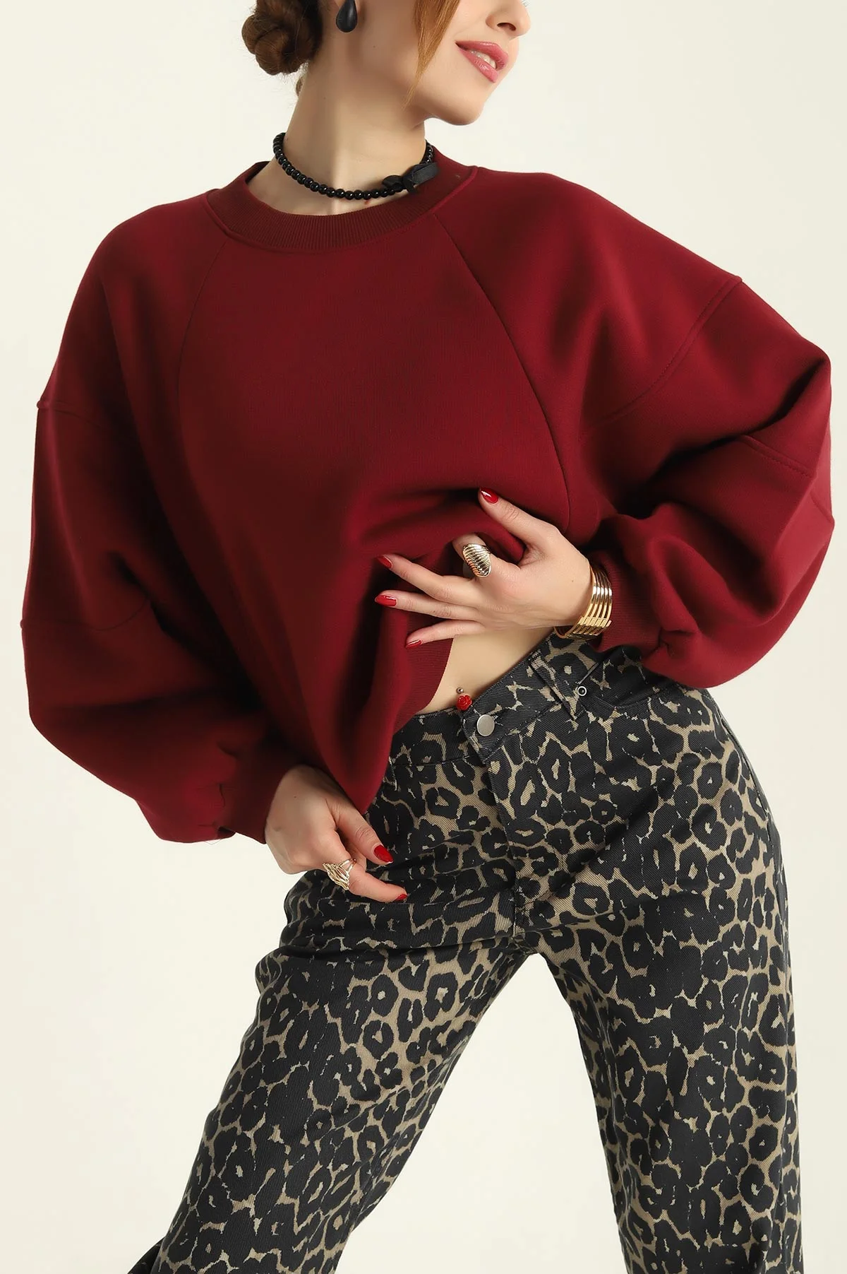 Bordo Üç İp Şardonlu Bayan Sweat 313211