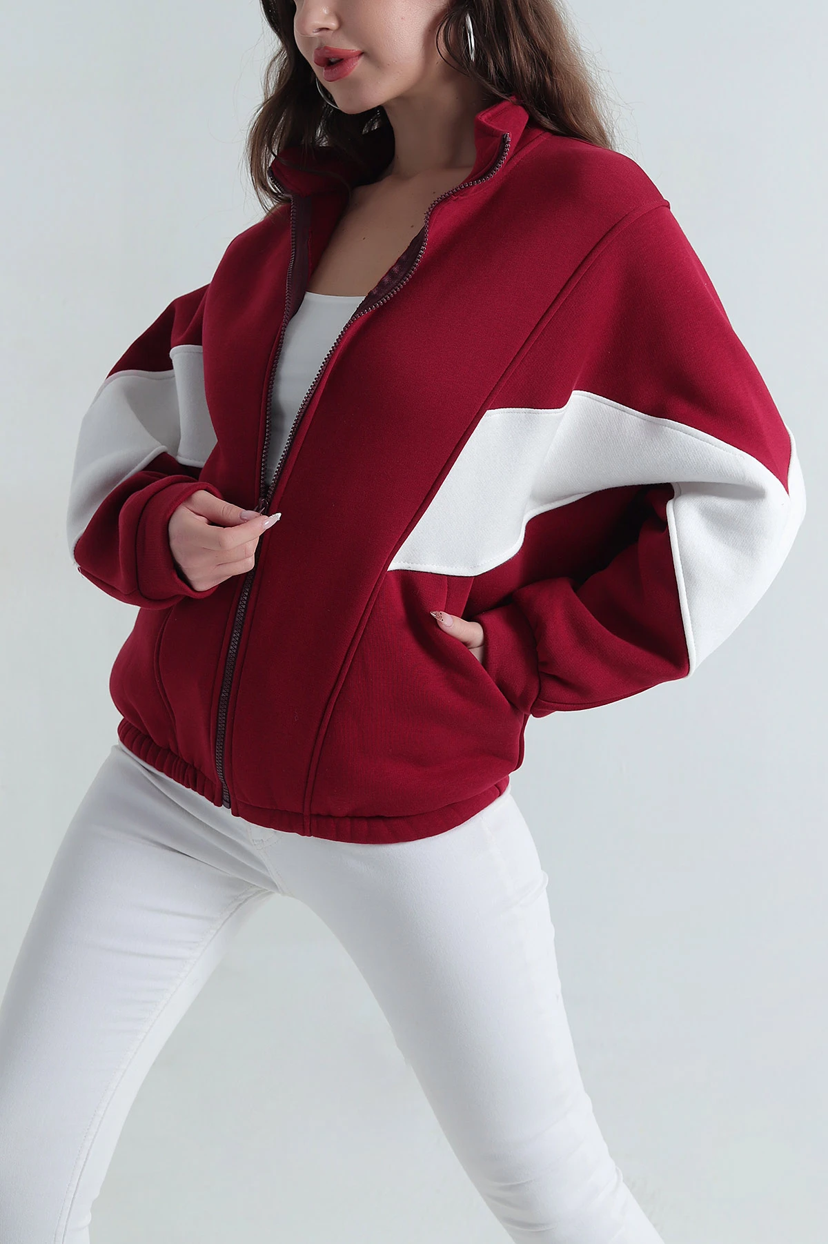 Bordo Üç İp Şardonlu Garnili Kadın Fermuarlı Sweat 411837