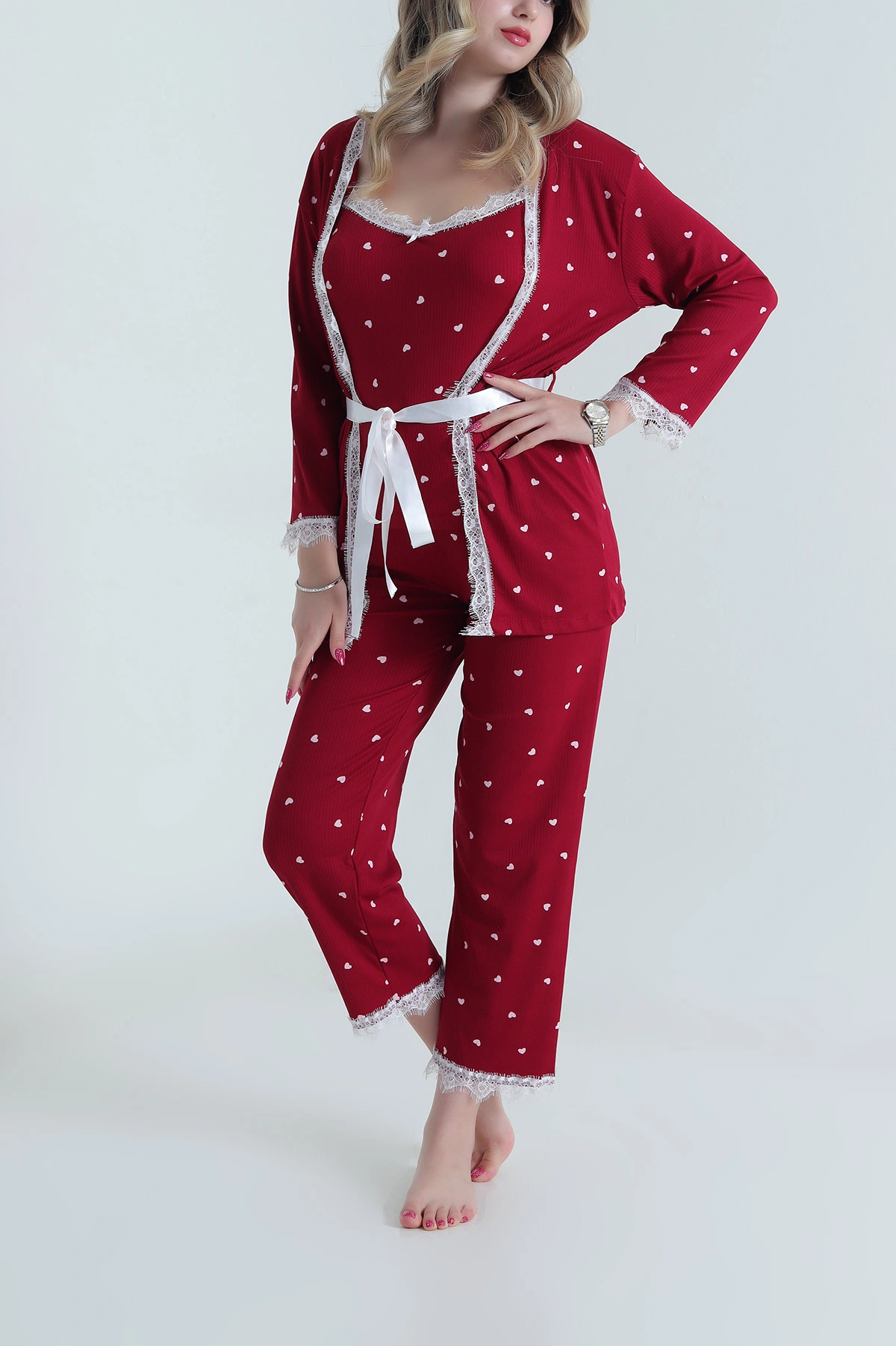 Bordo Üçlü Sleepy Kadın Sabahlık Pijama Takımı 476889