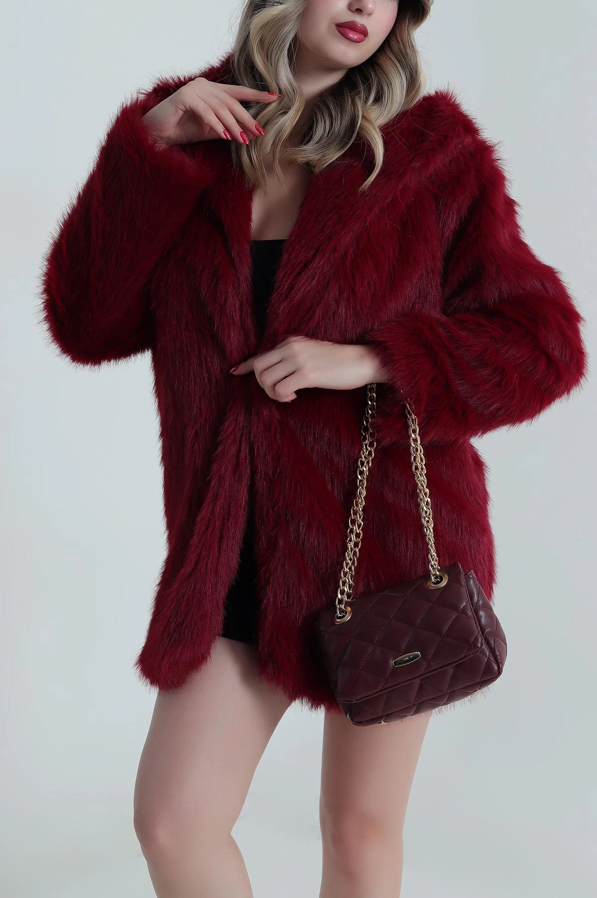 Bordo Uzun Lolita Astarlı Kadın Kürk 484222