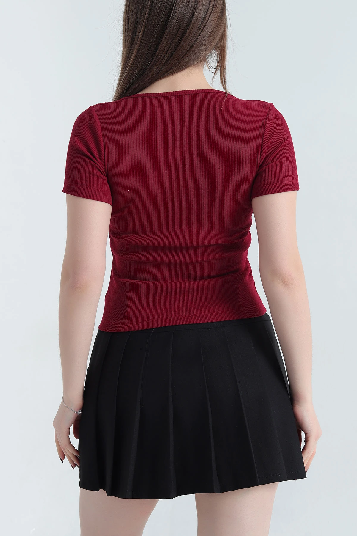 Bordo V Detay Likralı Kaşkorse Bluz 340369