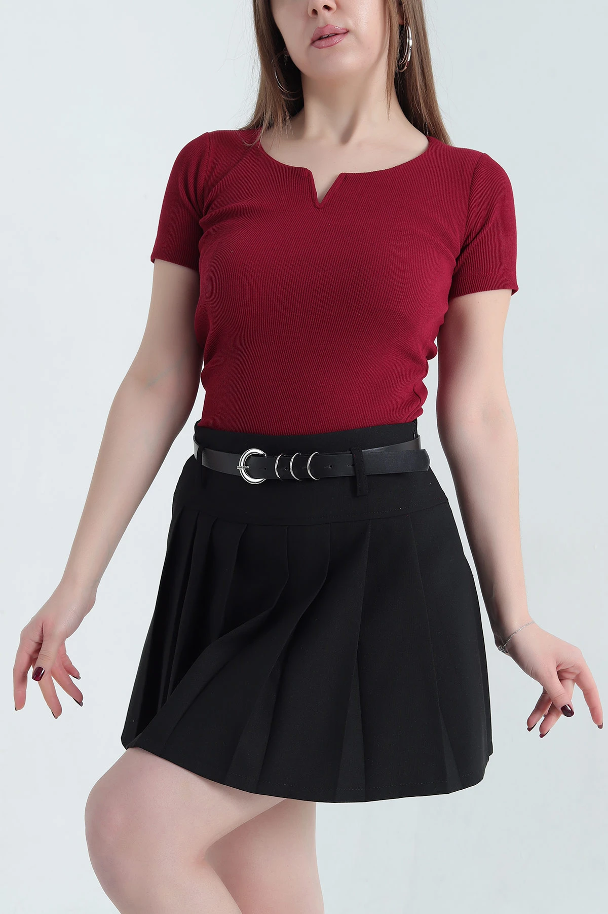 Bordo V Detay Likralı Kaşkorse Bluz 340369