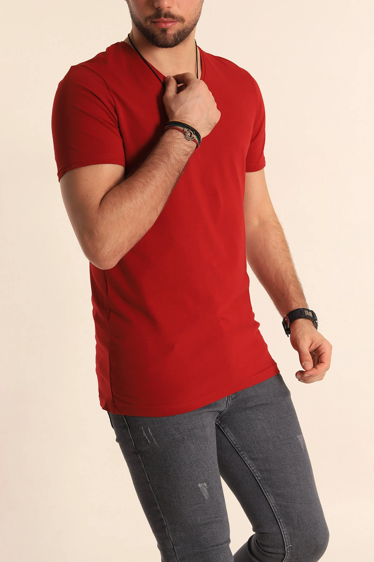 Bordo V Yaka Basic Erkek Tişört 190474