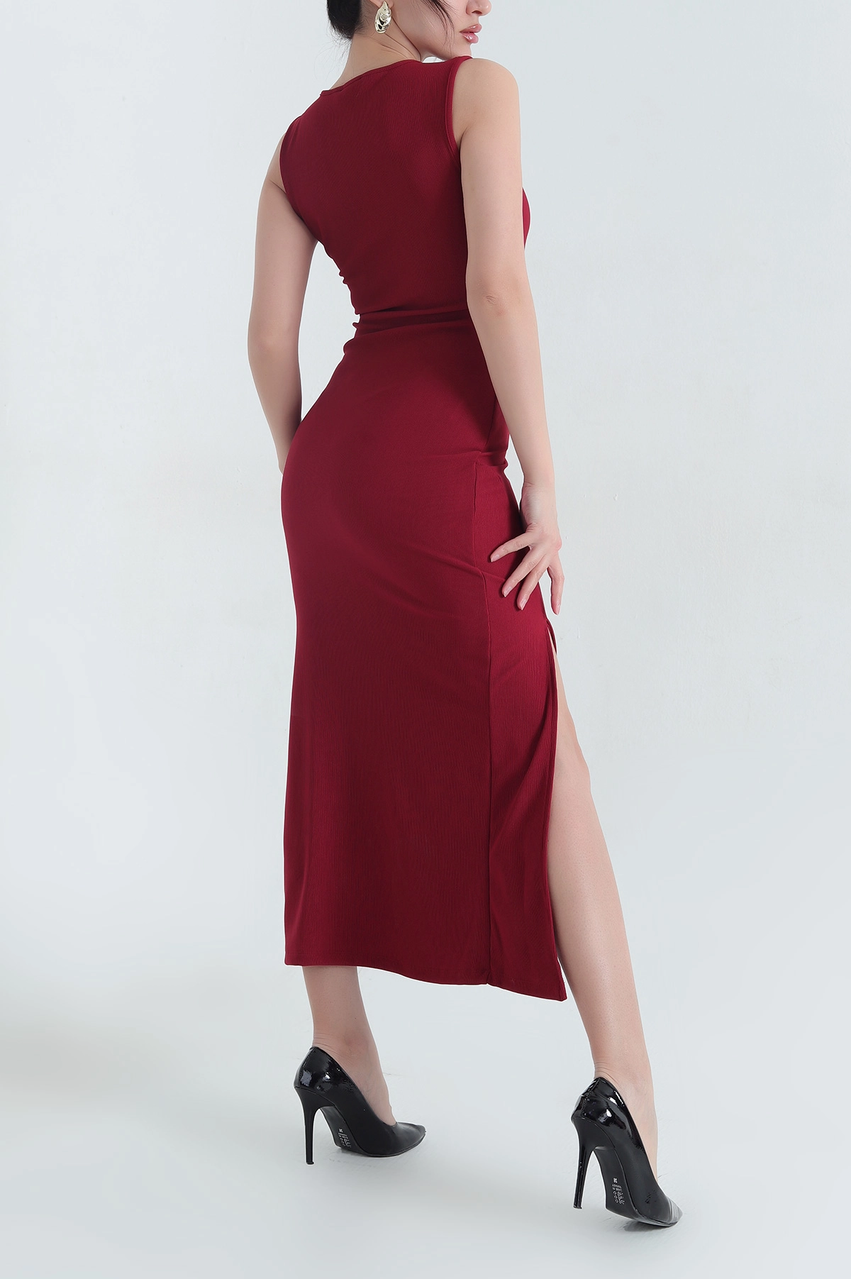 Bordo V Yaka Detay Kolsuz Ottoman Kadın Elbise 345877