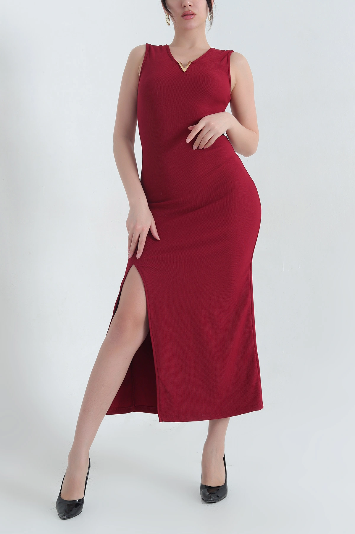 Bordo V Yaka Detay Kolsuz Ottoman Kadın Elbise 345877