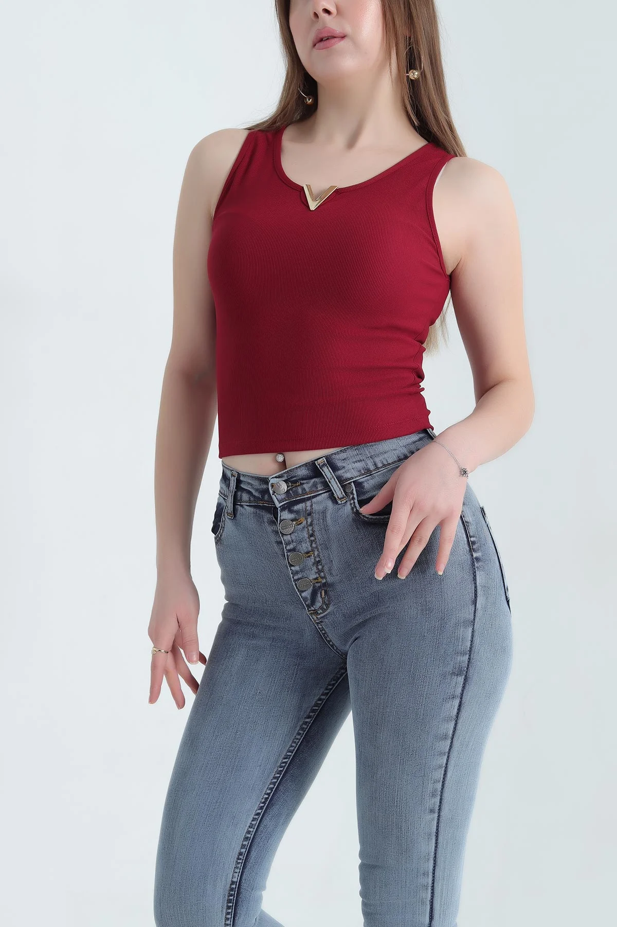 Bordo V Yaka Detay Likralı Ottoman Bluz 337520