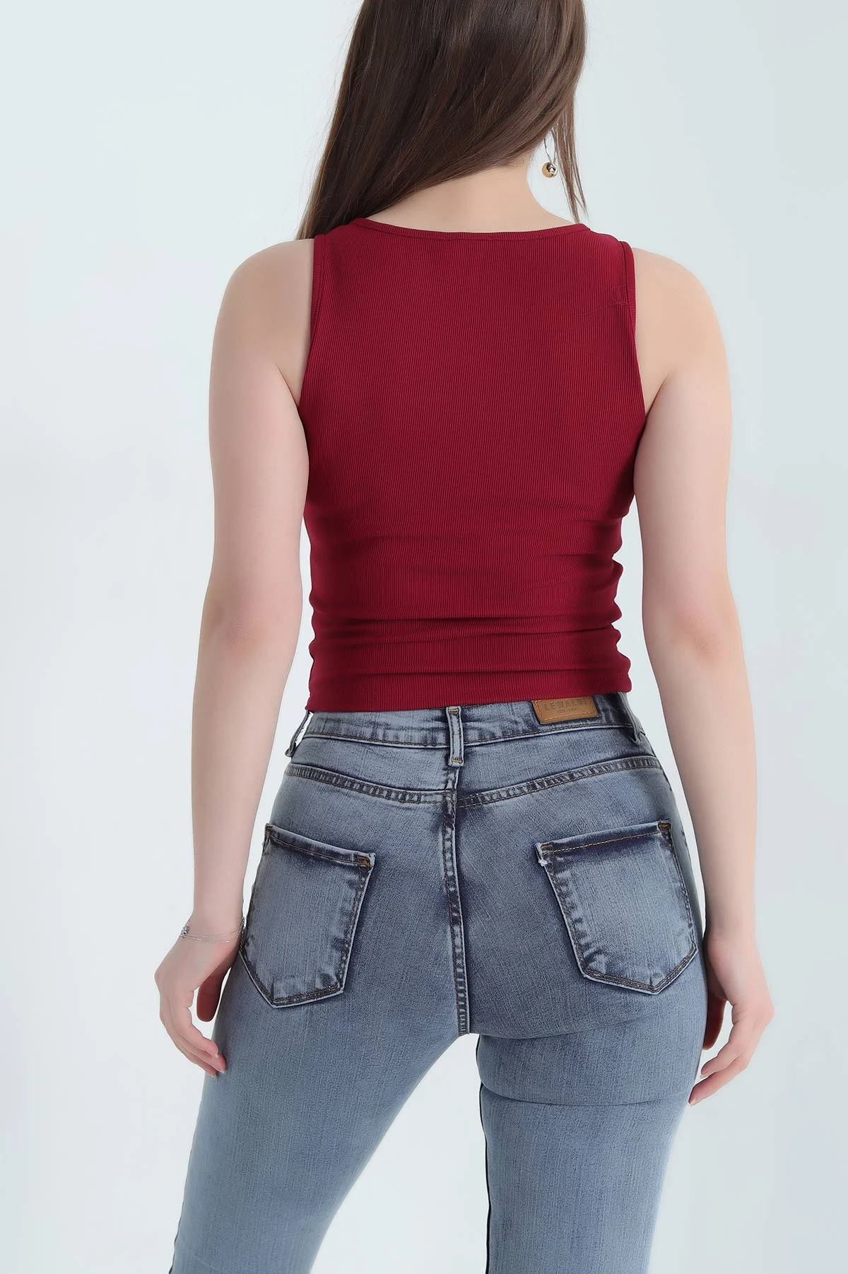 Bordo V Yaka Detay Likralı Ottoman Bluz 337520