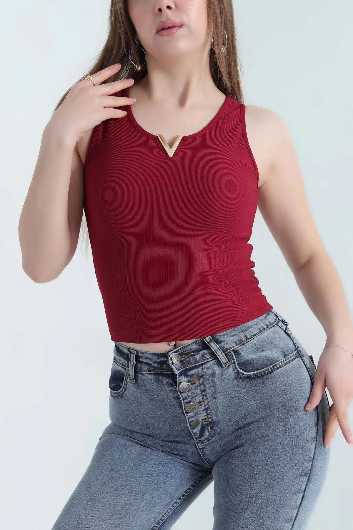 Bordo V Yaka Detay Likralı Ottoman Bluz 337520