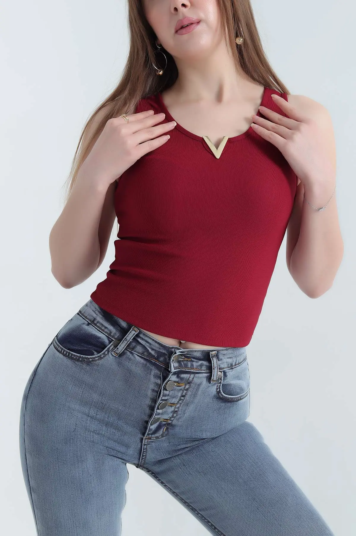 Bordo V Yaka Detay Likralı Ottoman Bluz 337520